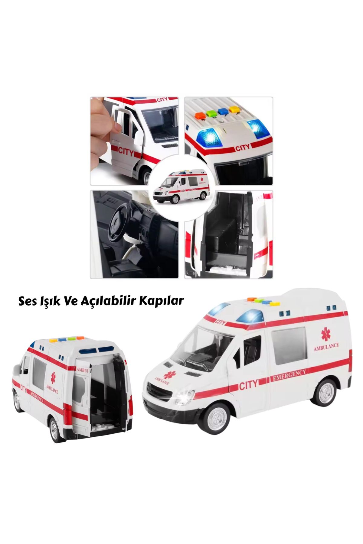 YILDIRIM OYUNCAK Kaliteli Plastik Gövde 4 Farklı Ses Sürtmeli Sesli Işıklı 22 cm Ambulans Arabası Açılabilir Kapılar