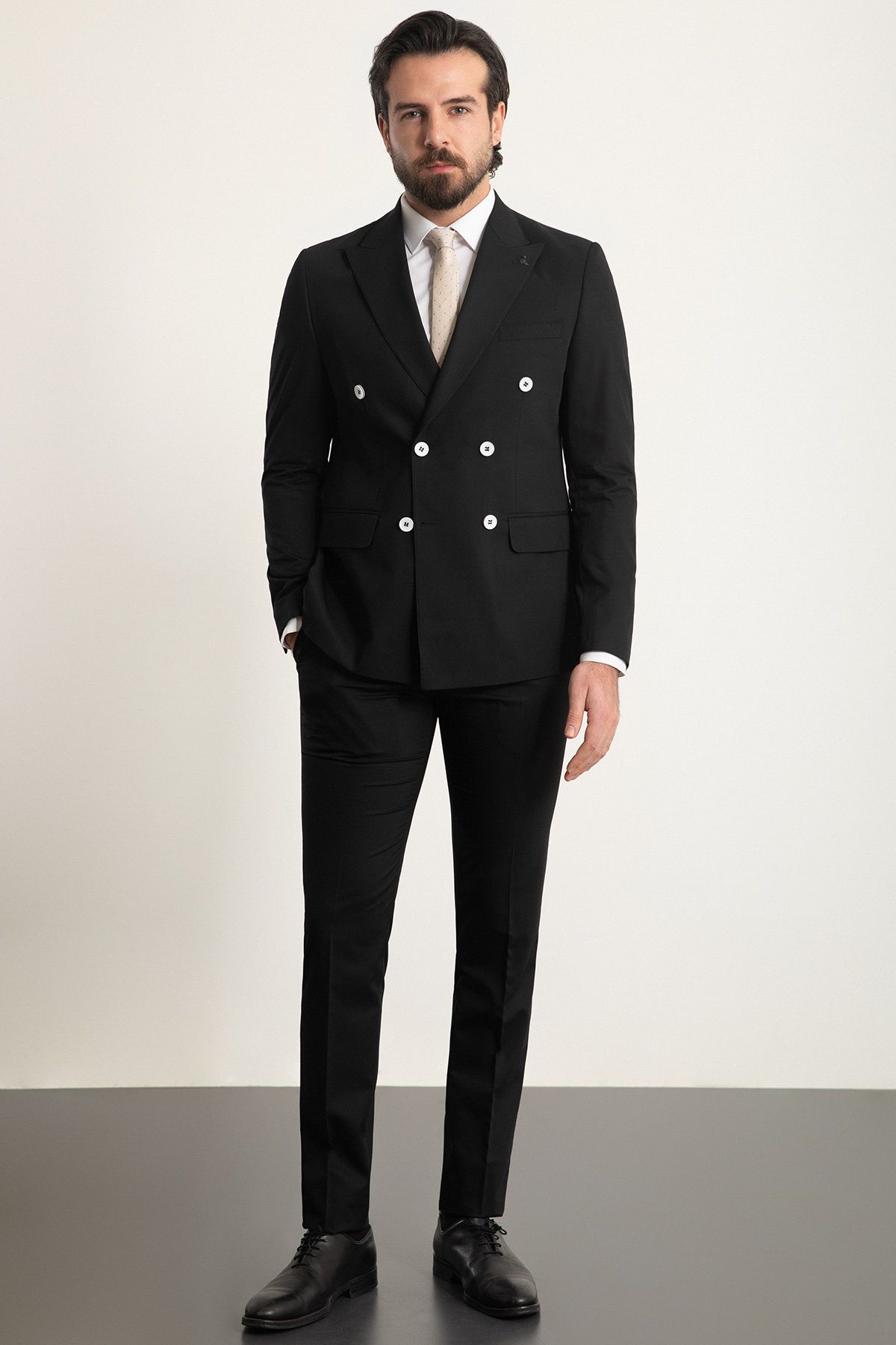 Mcr Düz Siyah Renk Slim Fit Geniş Yaka Kruvaze Erkek Takım Elbise