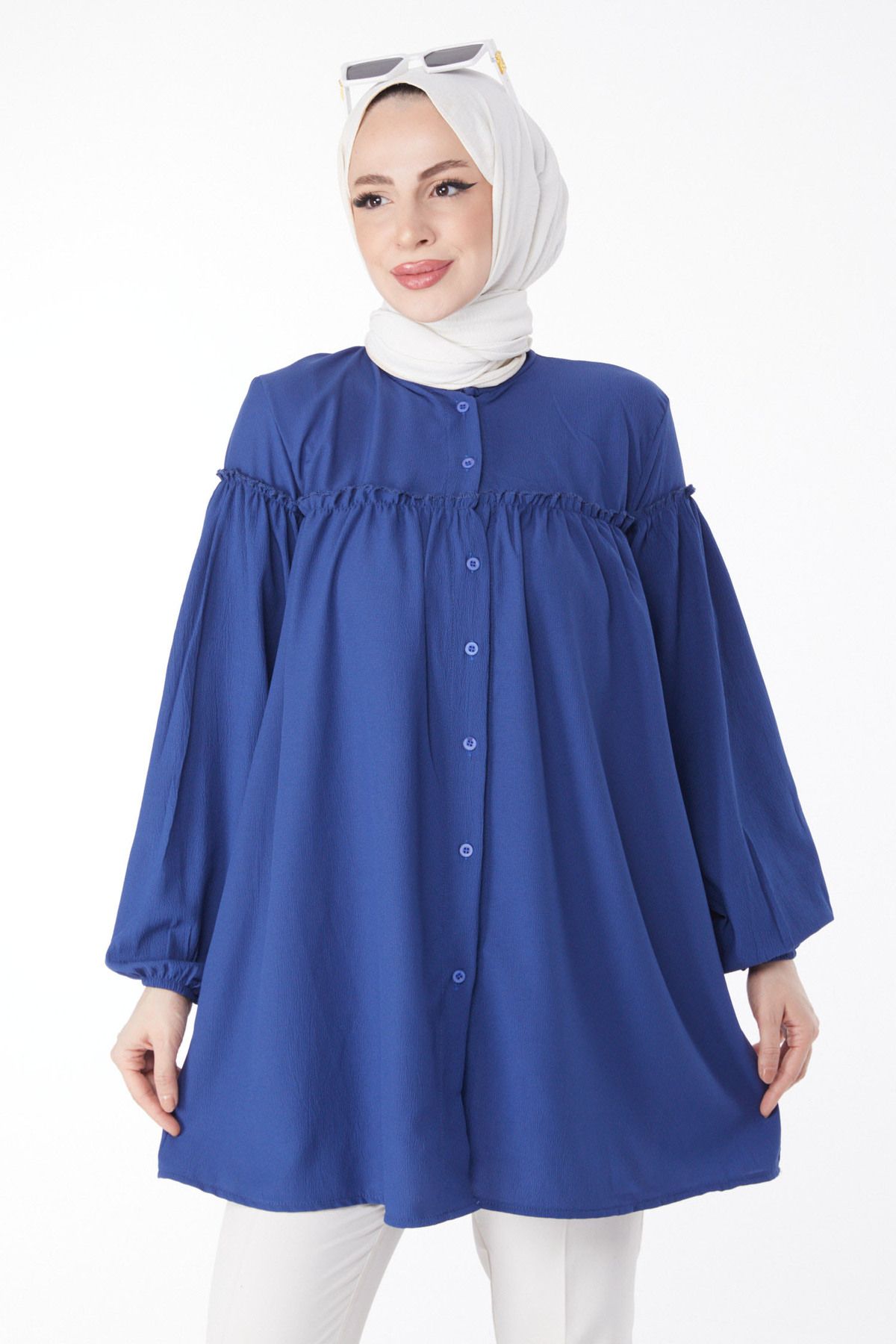 TOFİSA Düz Hakim Yaka Kadın Mavi Büzgülü Gömlek - 13136