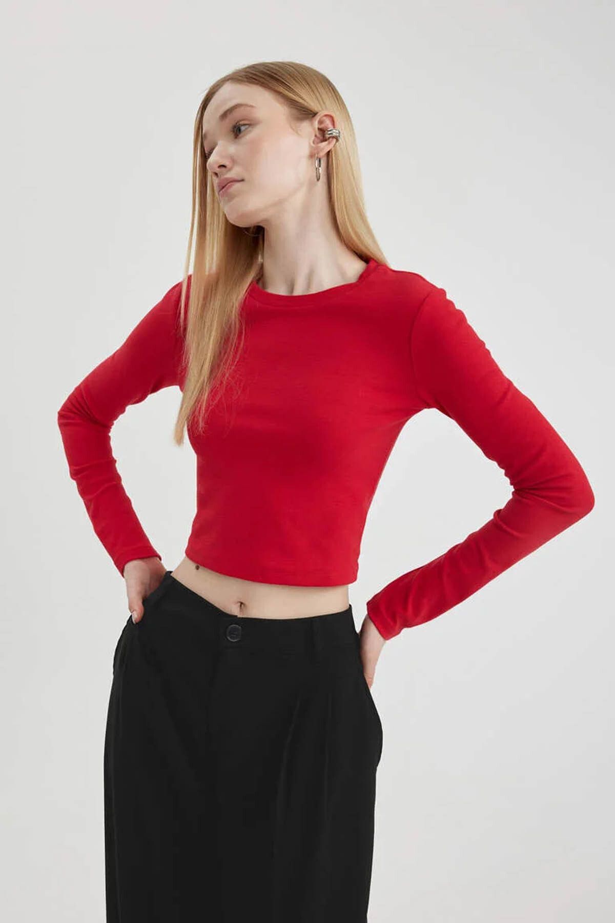 Defacto Kadın Uzun Kollu T-shirt Kırmızı A8311ax/rd79