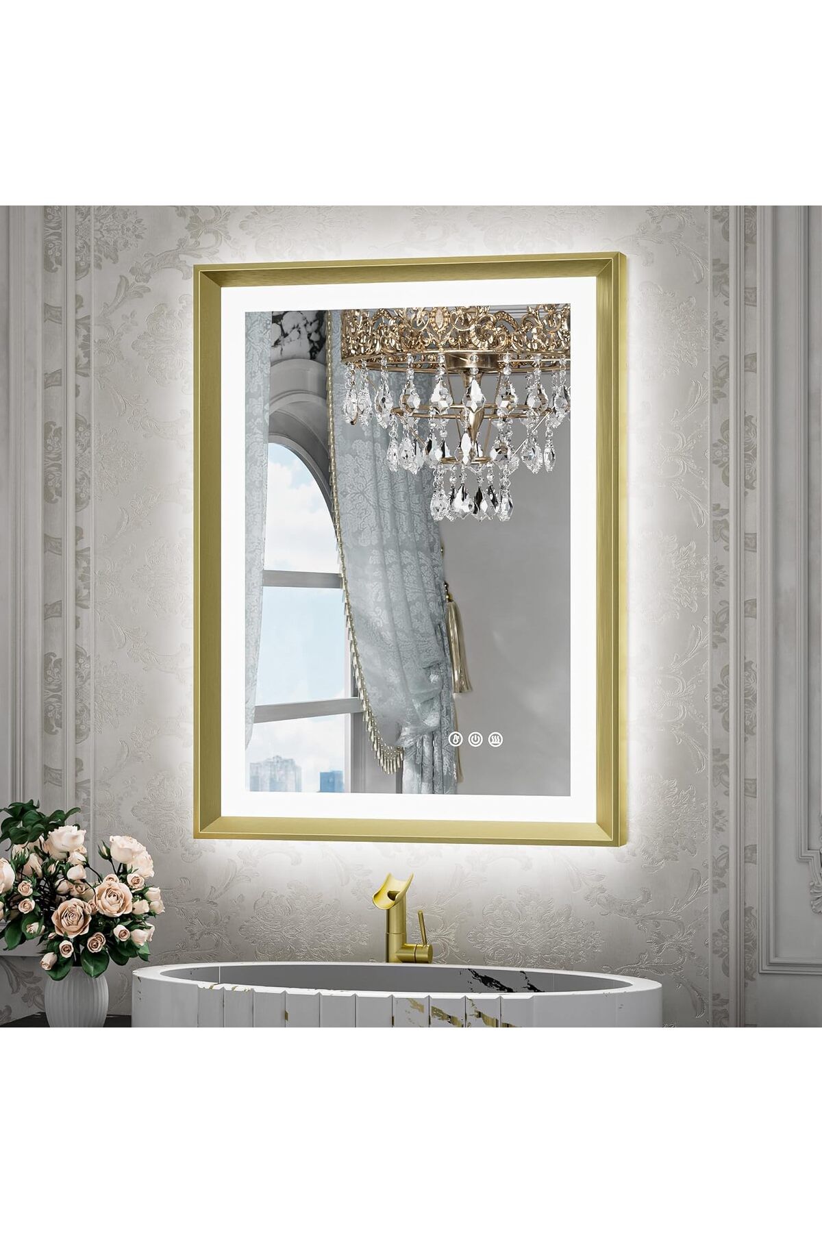 TETOTE Şık ve Modern LED Banyo Aynası:  Altın Metal Çerçeve, Önden ve Arkadan Aydınlatma - Buğu Önleme
