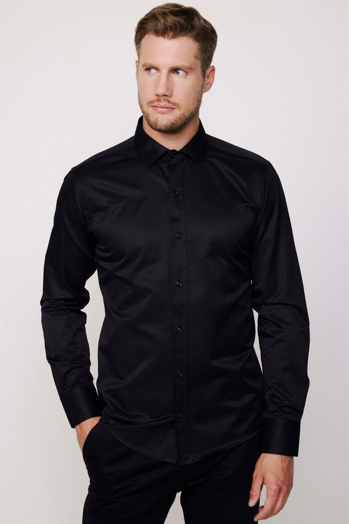 Tudors Modern Slim Fit Uzun Kollu Düz Saten Pamuklu Erkek Siyah Gömlek