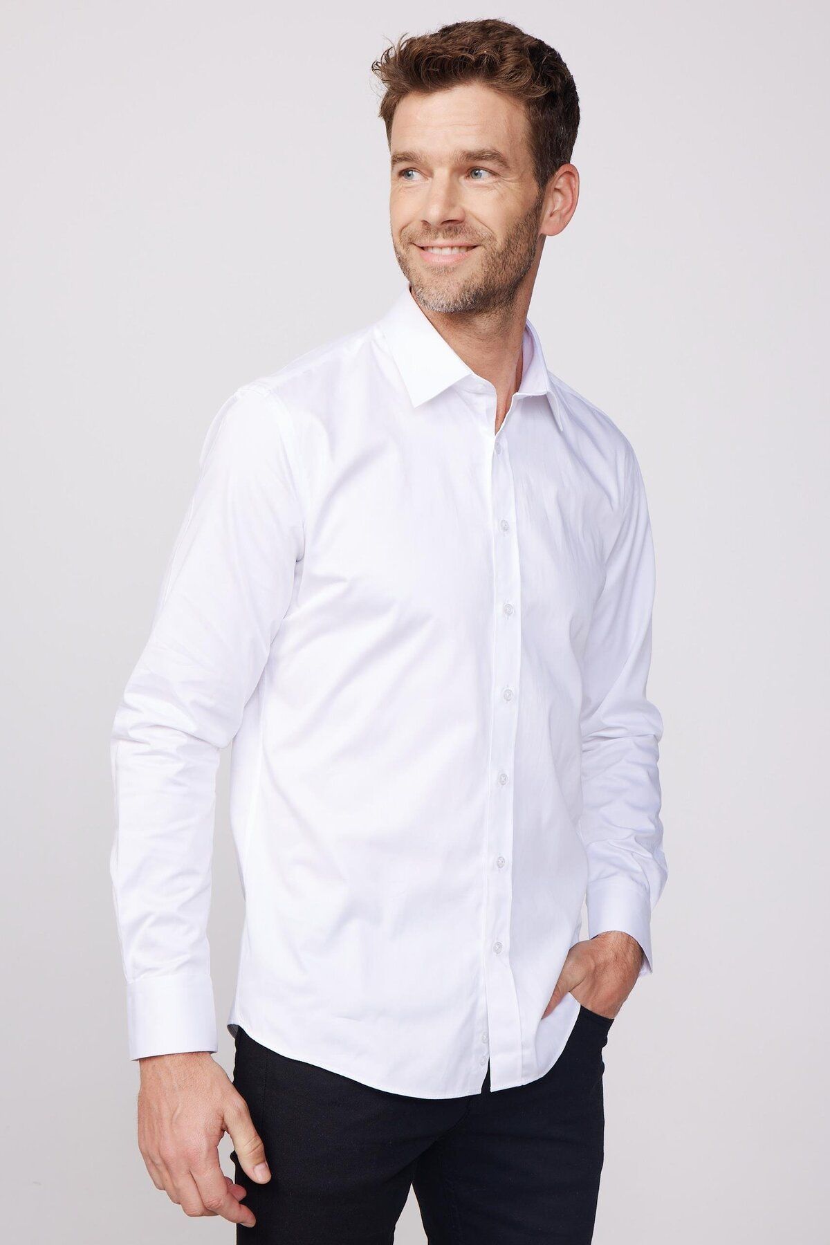 Tudors Modern Slim Fit Uzun Kollu Pamuk Saten Premium Seri Erkek Beyaz Gömlek