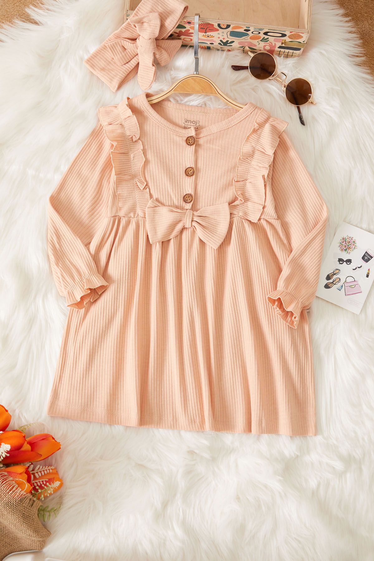 Cansın Mini Kız Bebek Fiyonk Detaylı Bandanalı Somon Elbise 17503