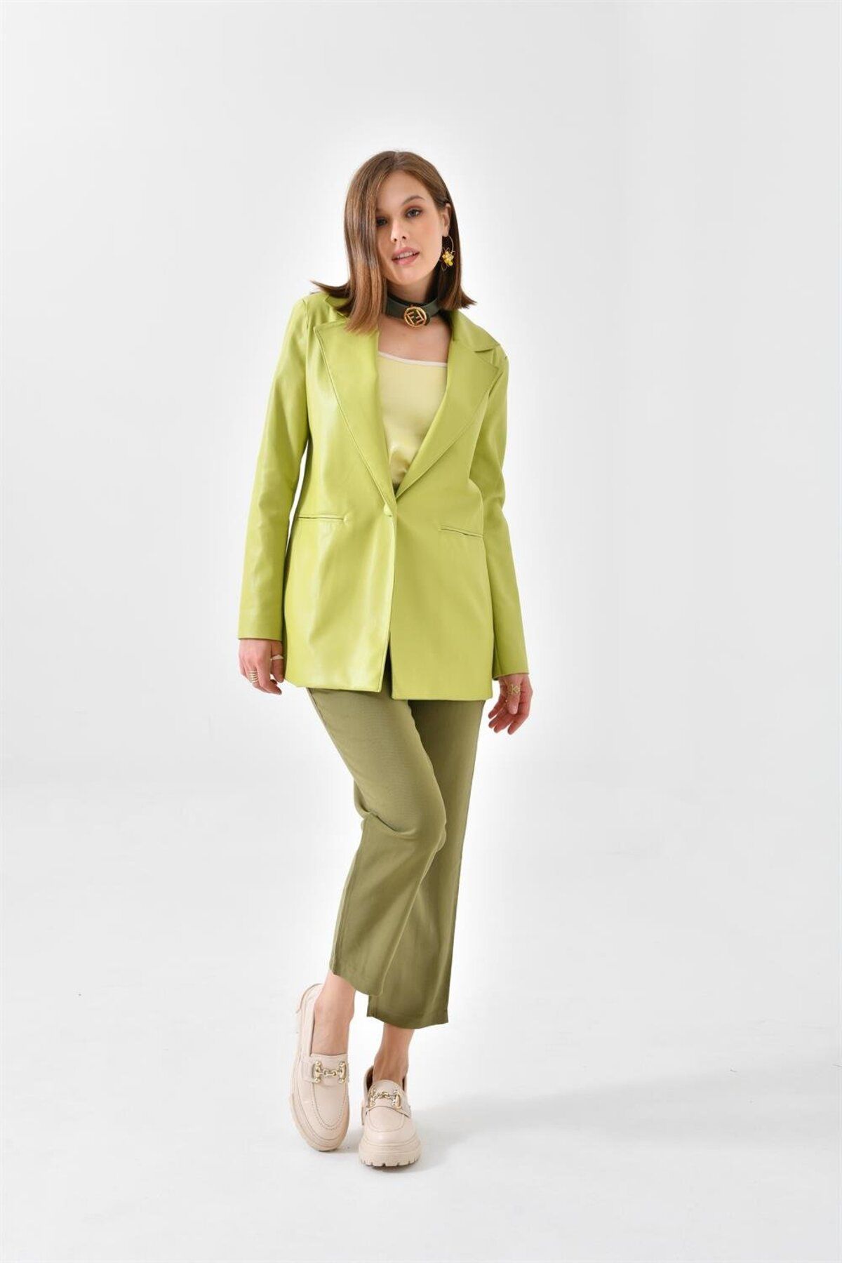 FTZ WOMEN Kadın Deri Ceket Fıstık Yeşili Rbn4010