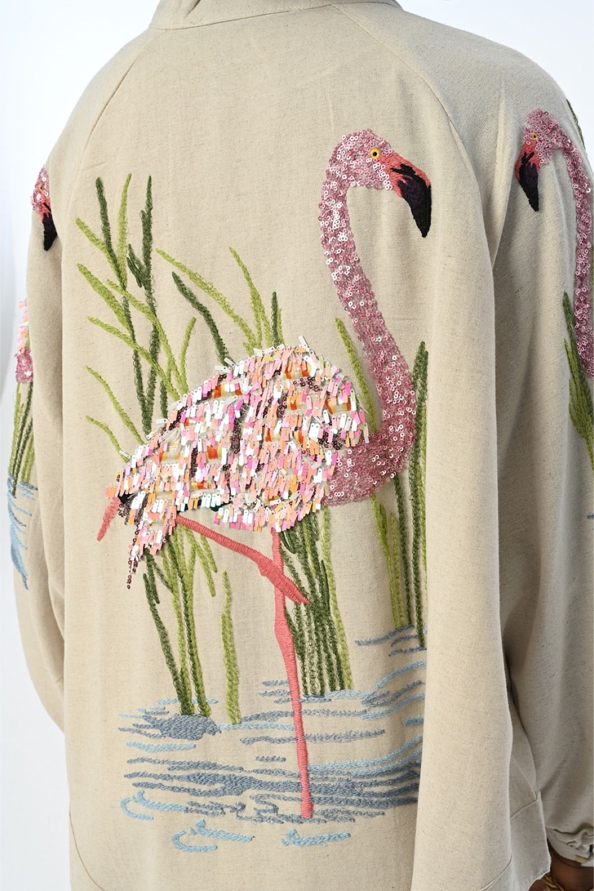 FEMELLE Kadın Bej Flamingo Kolları Ve Sırtı Pul Payet Nakış İşlemeli Standart Beden Oversize Kimono Ceket