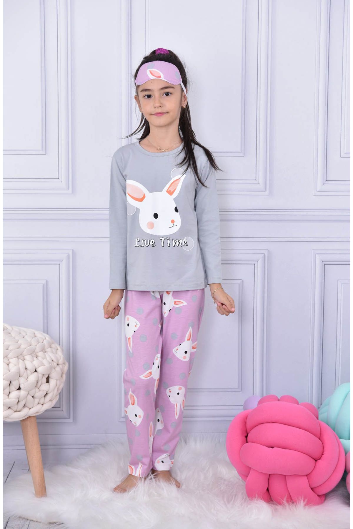 Cansın Mini Gri Tavşanlı Puantiyeli Kız Çocuk Pijama Takımı 17028