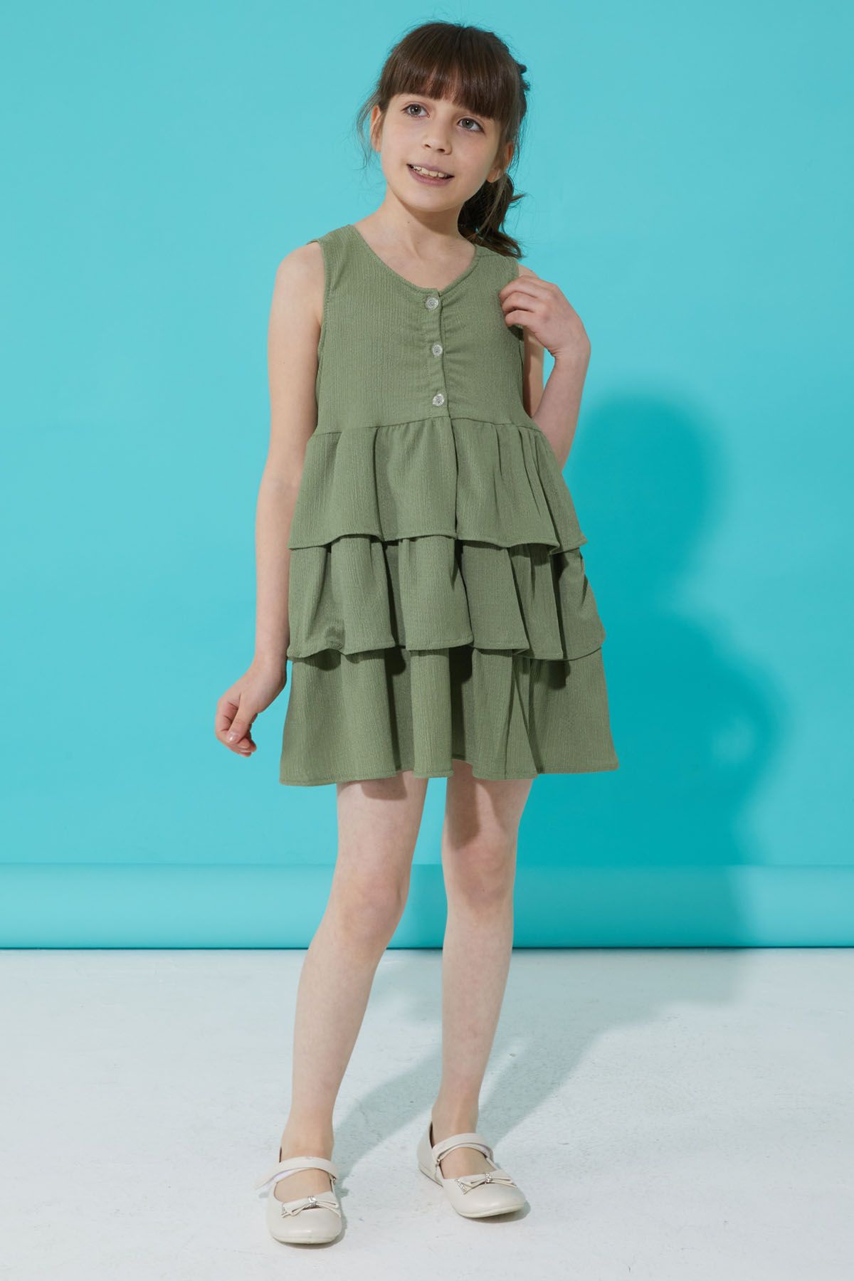 Cansın Mini Haki Volanlı Düğmeli Kız Çocuk Elbise 15267