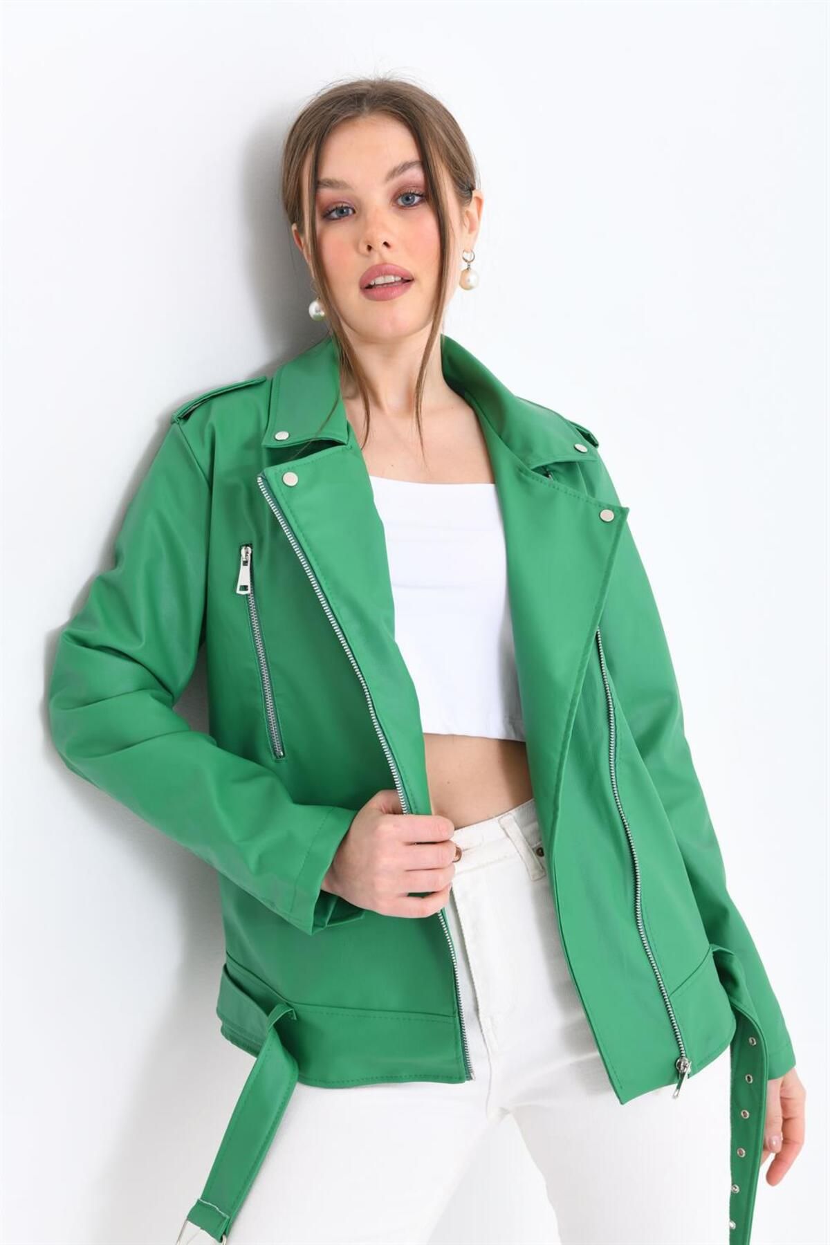 FTZ WOMEN Kadın Deri Ceket Yeşil Rbn3042