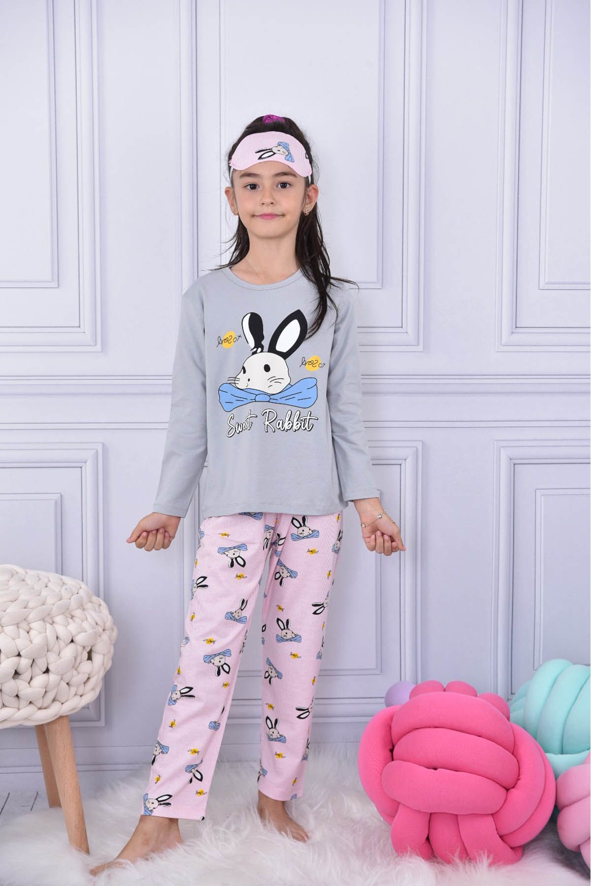 Cansın Mini Gri Fiyonklu Tavşan Baskılı Göz Bantlı Kız Çocuk Pijama Takımı 17024