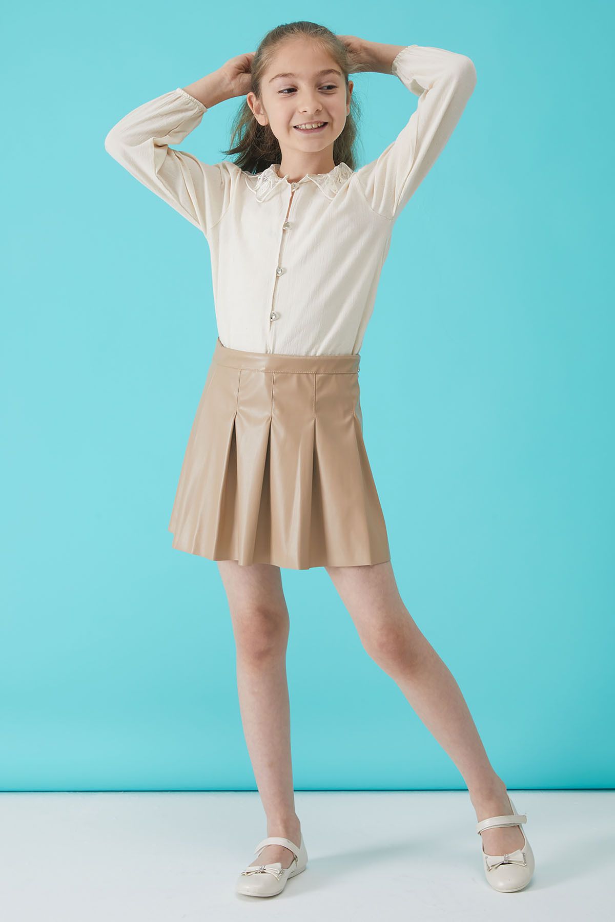 Cansın Mini Krem Dantel Yakalı Kız Etekli Bluz Takım 15101