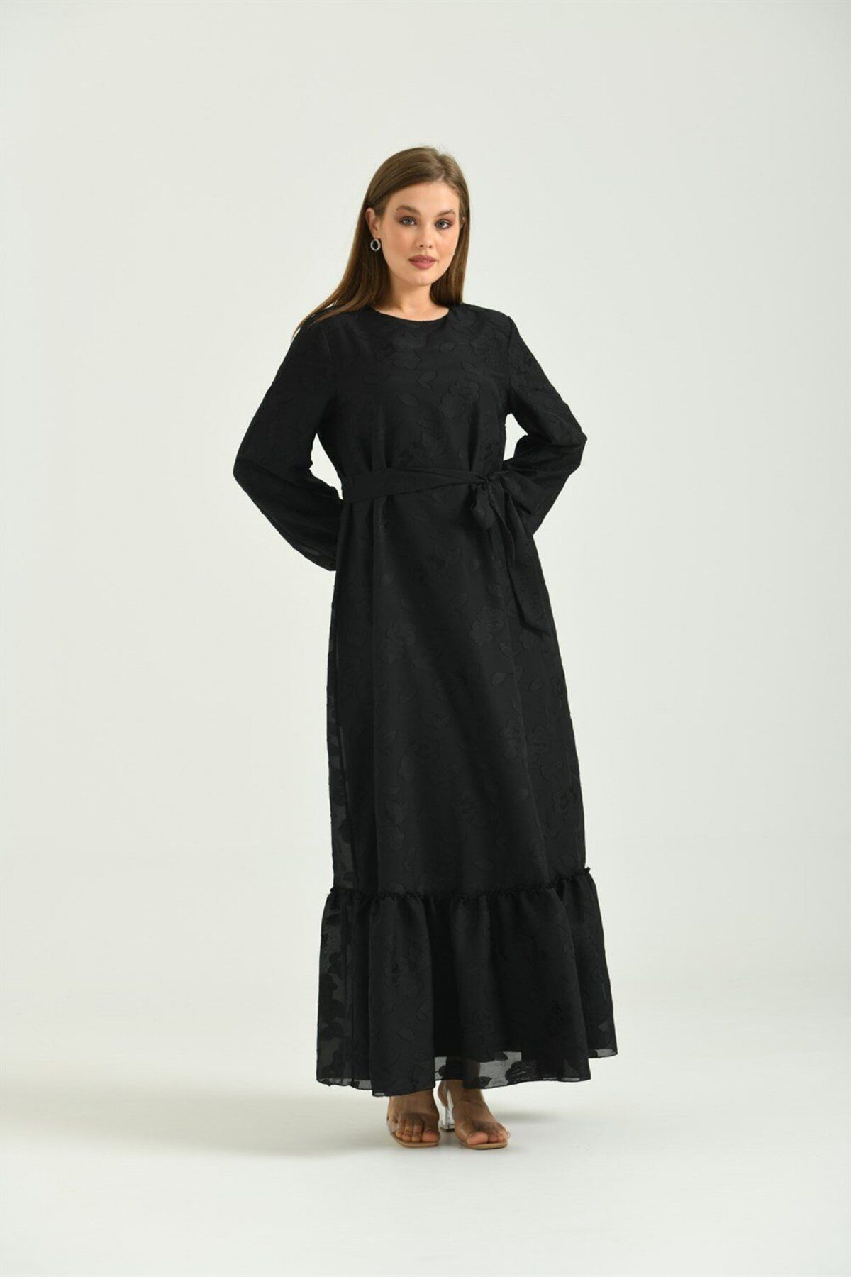FTZ WOMEN Kadın Kesme Çiçek Desen Şifon Elbise Siyah 301321