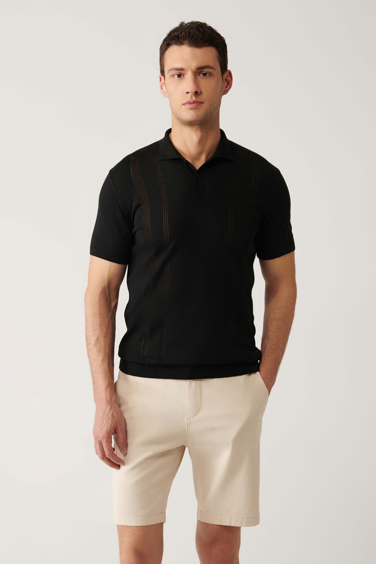 Avva Erkek Siyah Polo Yaka Ajur Detaylı Regular Fit Triko T-shirt A41y5096
