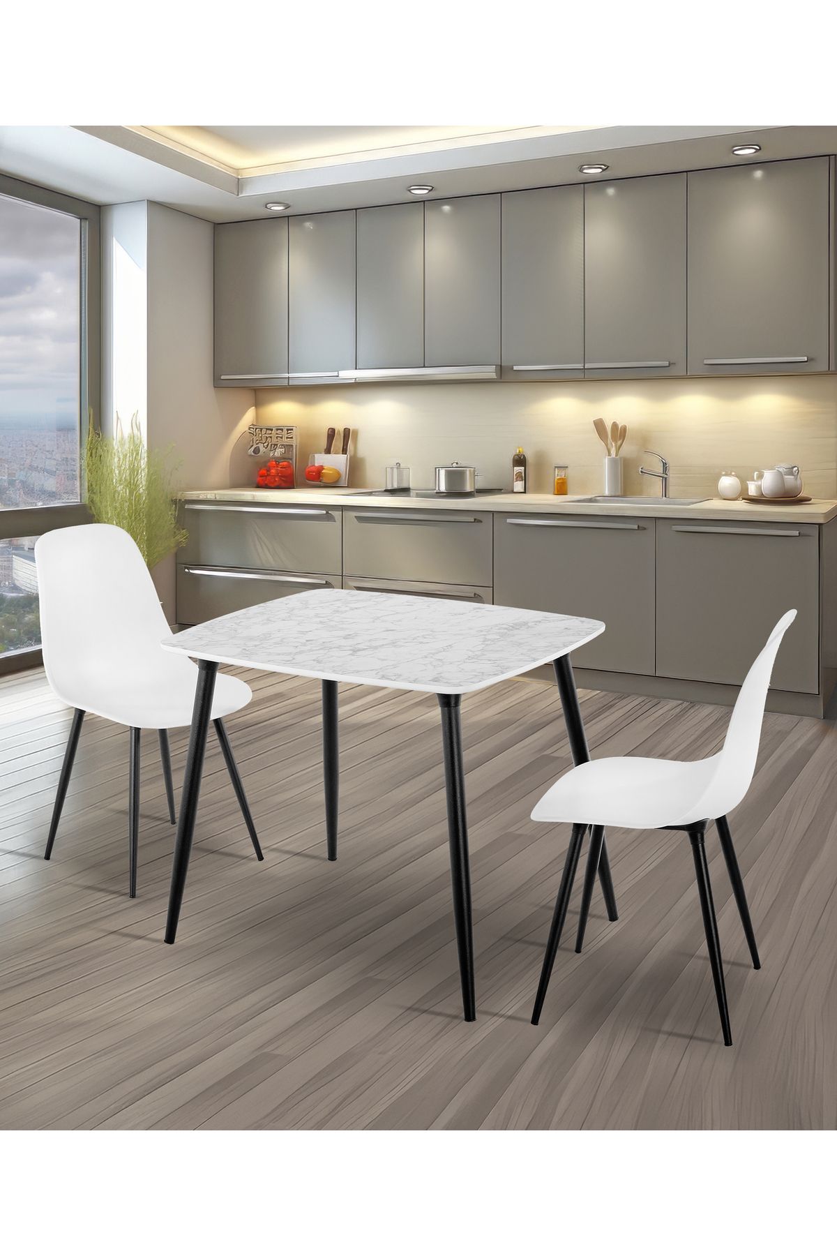 Estelia Yemek Masası Mutfak Masası 70x90 Cm Metal Ayaklı Beyaz Masa, 2 Adet Abant Metal Ayaklı Sandalye