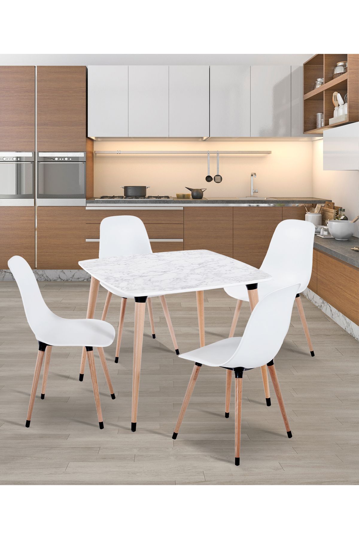 Estelia Yemek Masası Takımı Mutfak Masası 90x90 Cm Ahşap Ayaklı Beyaz Masa 4 Adet Abant Beyaz Sandalye