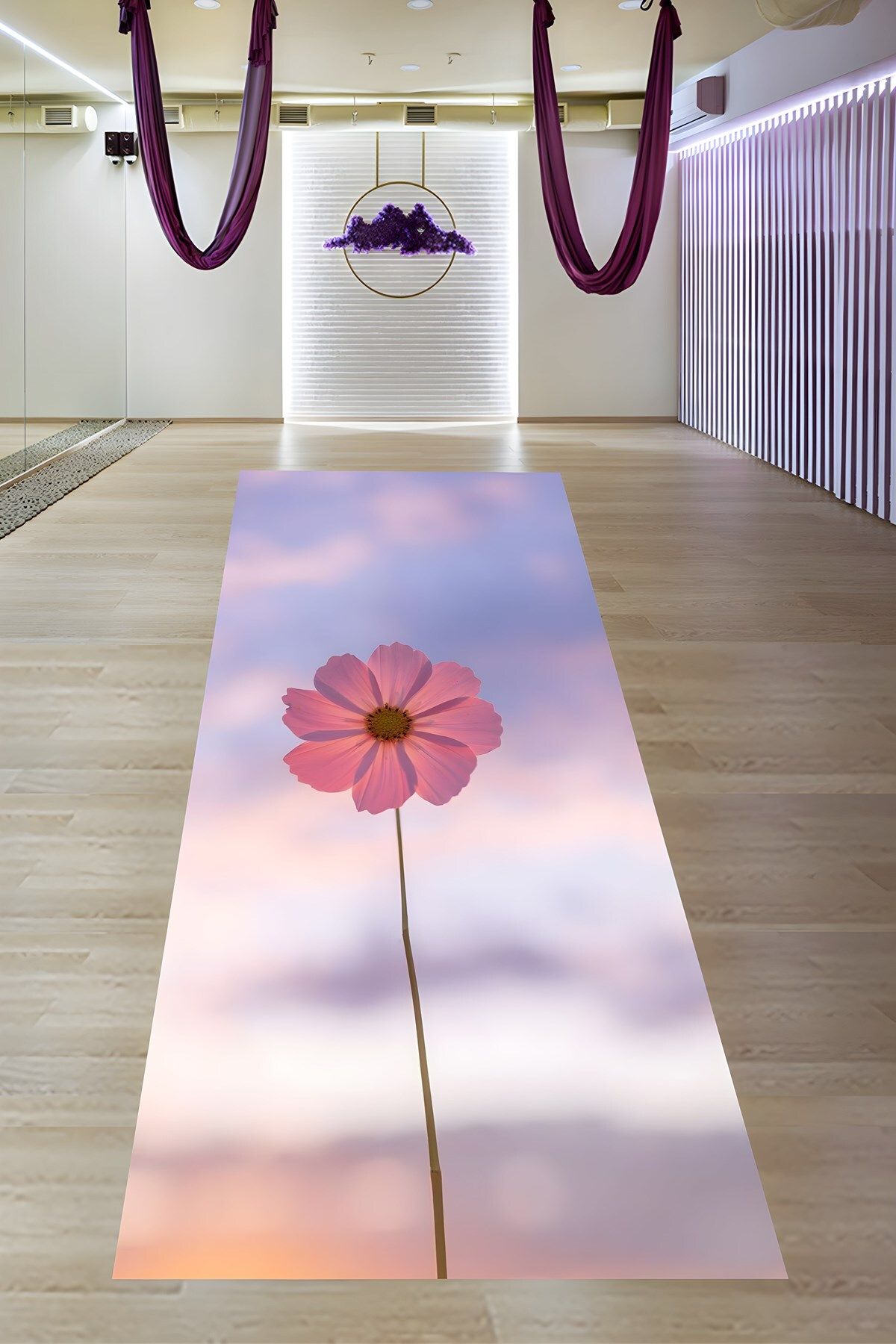 on the clouds Renkli Zemin Pembe Çiçek Desen Minimal Yıkanabilir Kaymaz Taban Leke Tutmaz Yoga Matı Pilates Minder