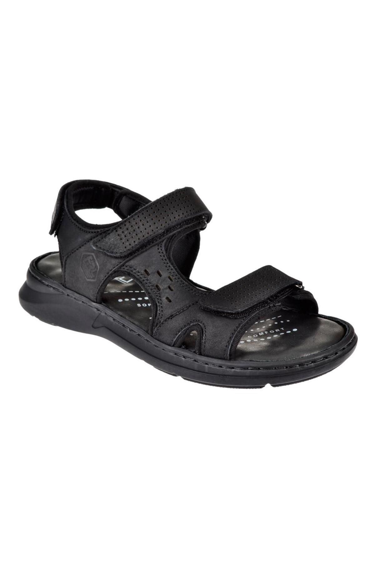 Forelli Hakiki Deri Comfort Cırtlı Erkek Sandalet For-40526 Siyah Nubuk
