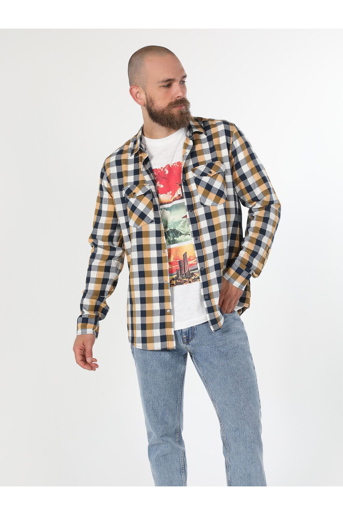 Colin’s Slim Fit Shirt Neck Kareli Sarı Erkek Uzun Kol Gömlek Cl1057639