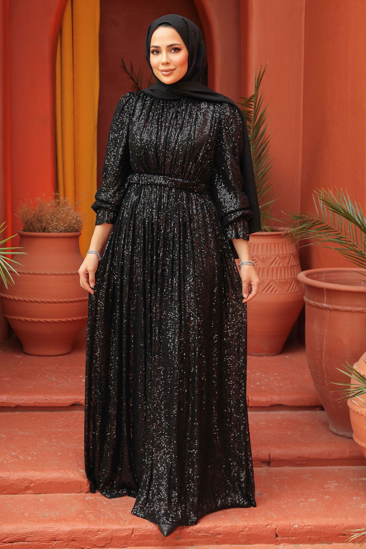Neva Style Payetli Siyah Tesettür Abiye Elbise 44961S