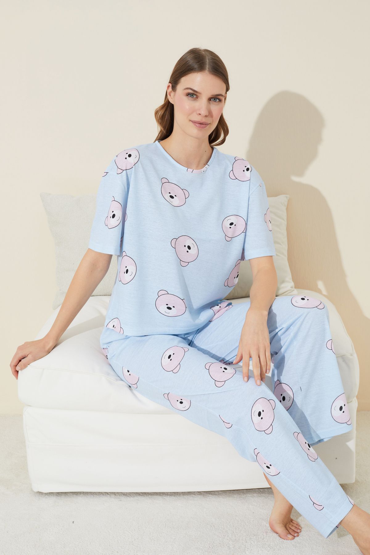 Siyah İnci mavi ayıcık desenli Örme Pijama Takım