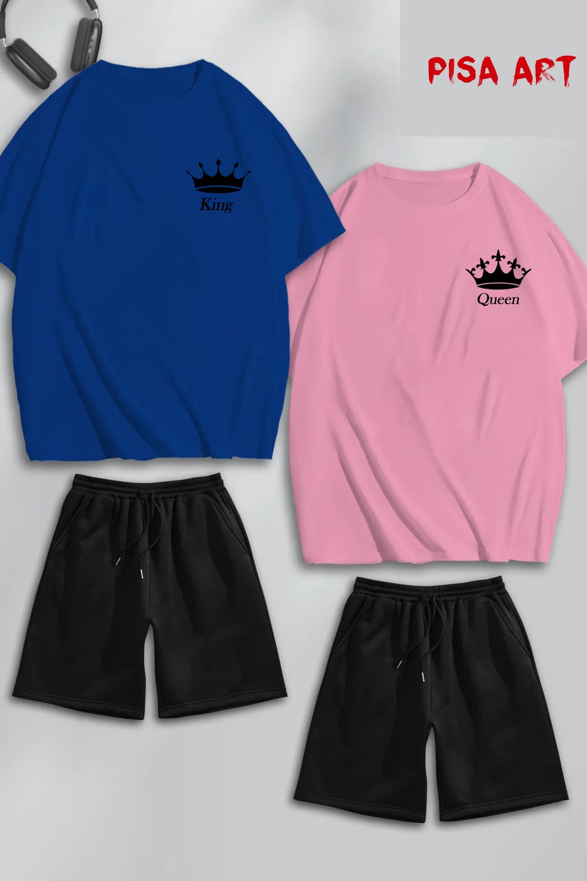 Pisa Art Unisex Sevgili Kombini King Queen Kral Kraliçe Tişört Şort Alt-üst Eşofman Takımı 4'lü Set