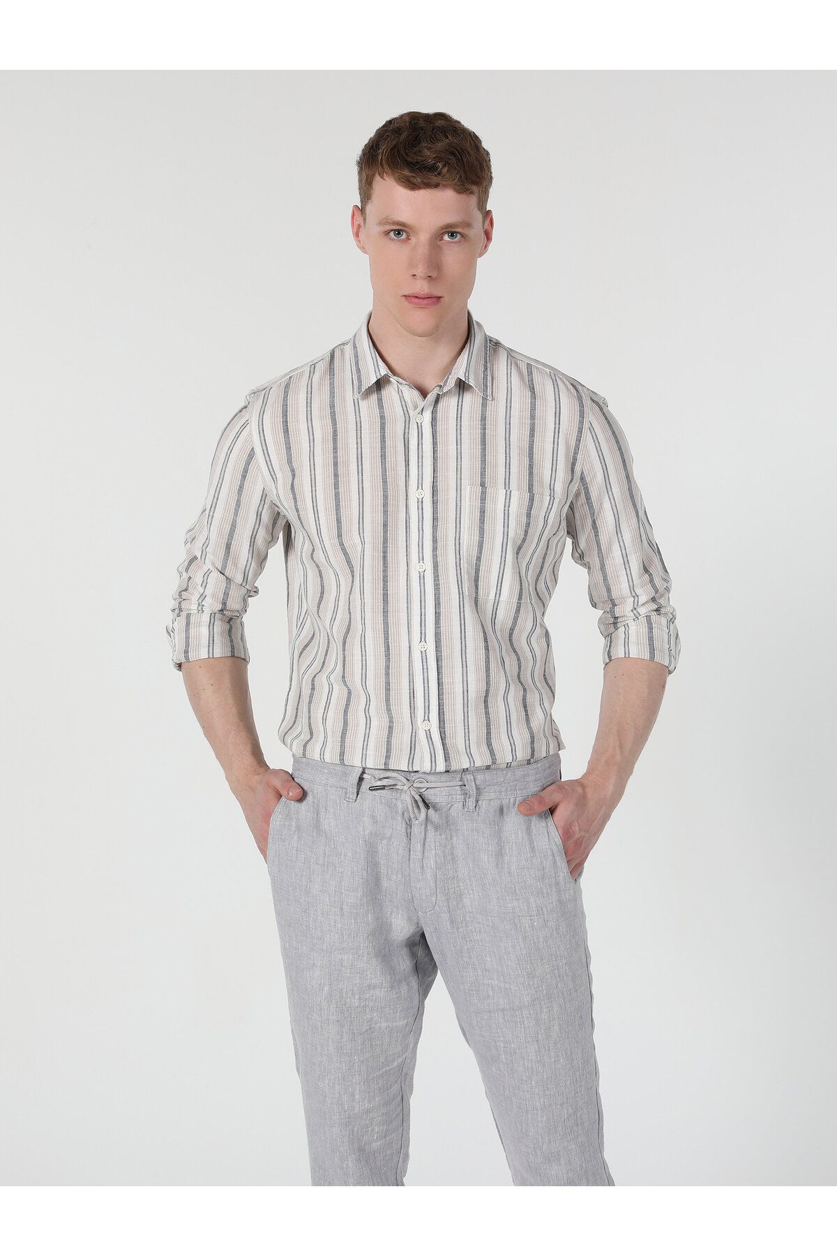 Colin’s Slim Fit Shirt Neck Çizgili Sarı Erkek Uzun Kol Gömlek Cl1059550