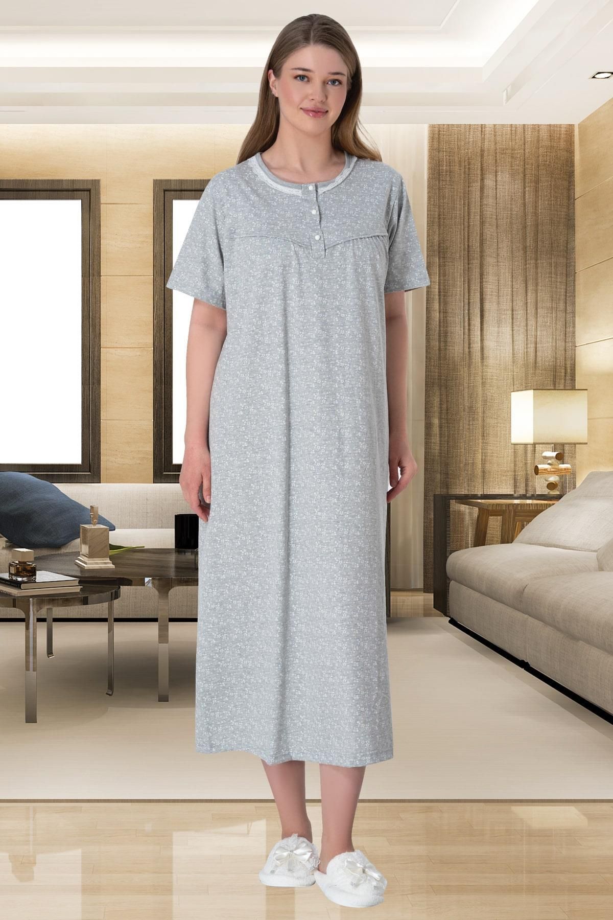 Mecit Pijama Büyük Beden Kısa Kollu Kadın Anne Çiçekli Gecelik  %100 Pamuk