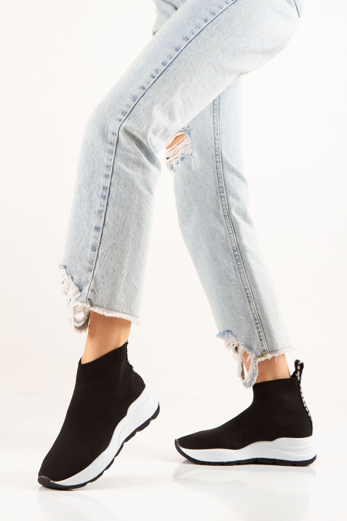 La Scada Kadın Siyah-beyaz Triko Sneaker Çorap Bot Ayakkabı