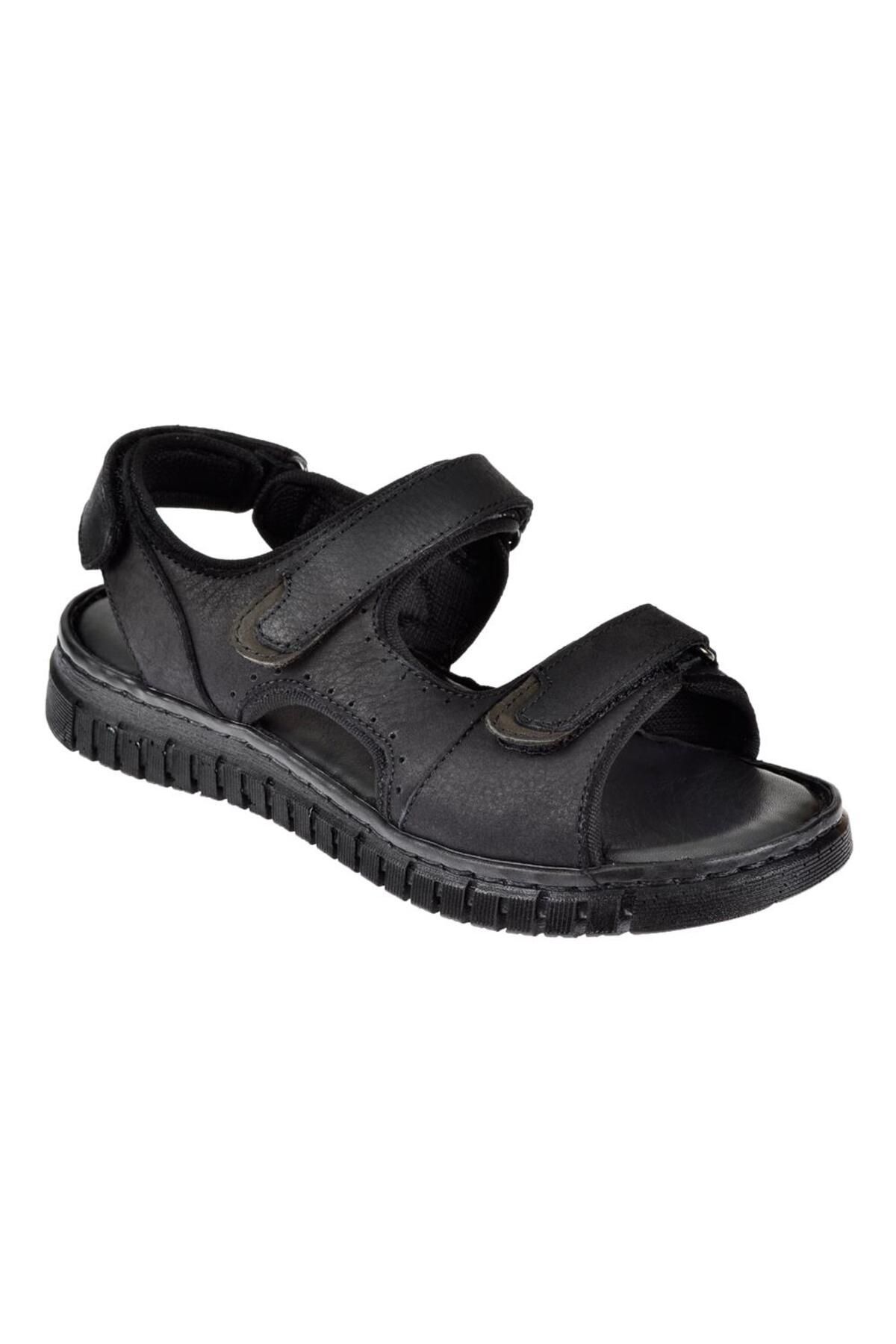 Forelli Hakiki Deri Comfort Cırtlı Kadın Sandalet For-38506 Siyah Nubuk