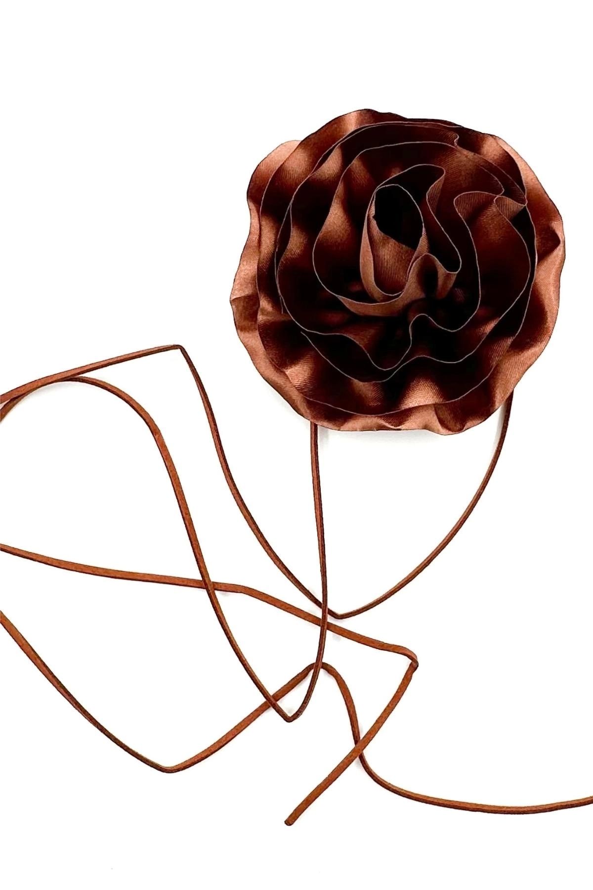 LOGO AKSESUAR Çiçek Choker Kolye Saten Kahverengi Yuvarlak Tasarım (120cm)