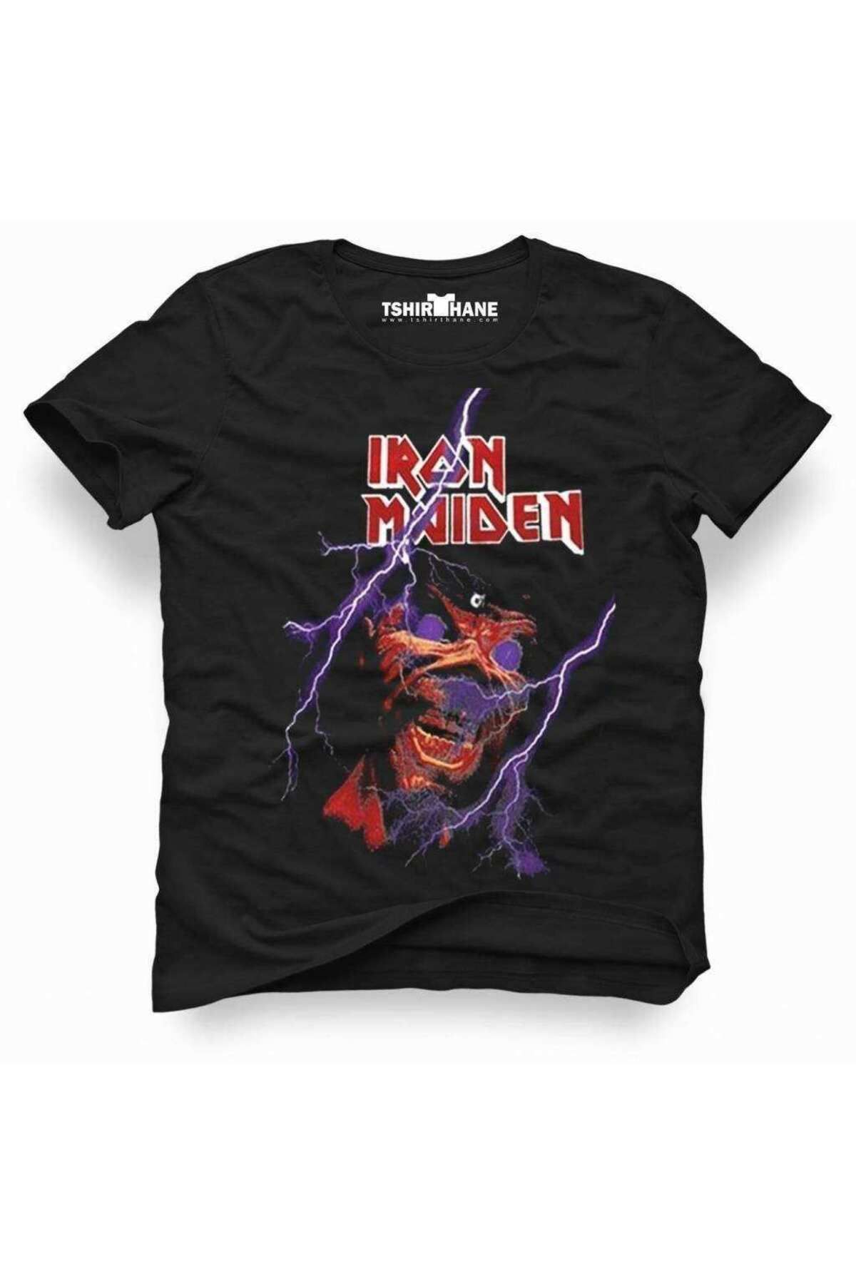 Tshirthane Iron Maiden Eddie Lightning Rock Metal Müzik Baskılı Erkek Dar Kesim Slim Fit T-shirt
