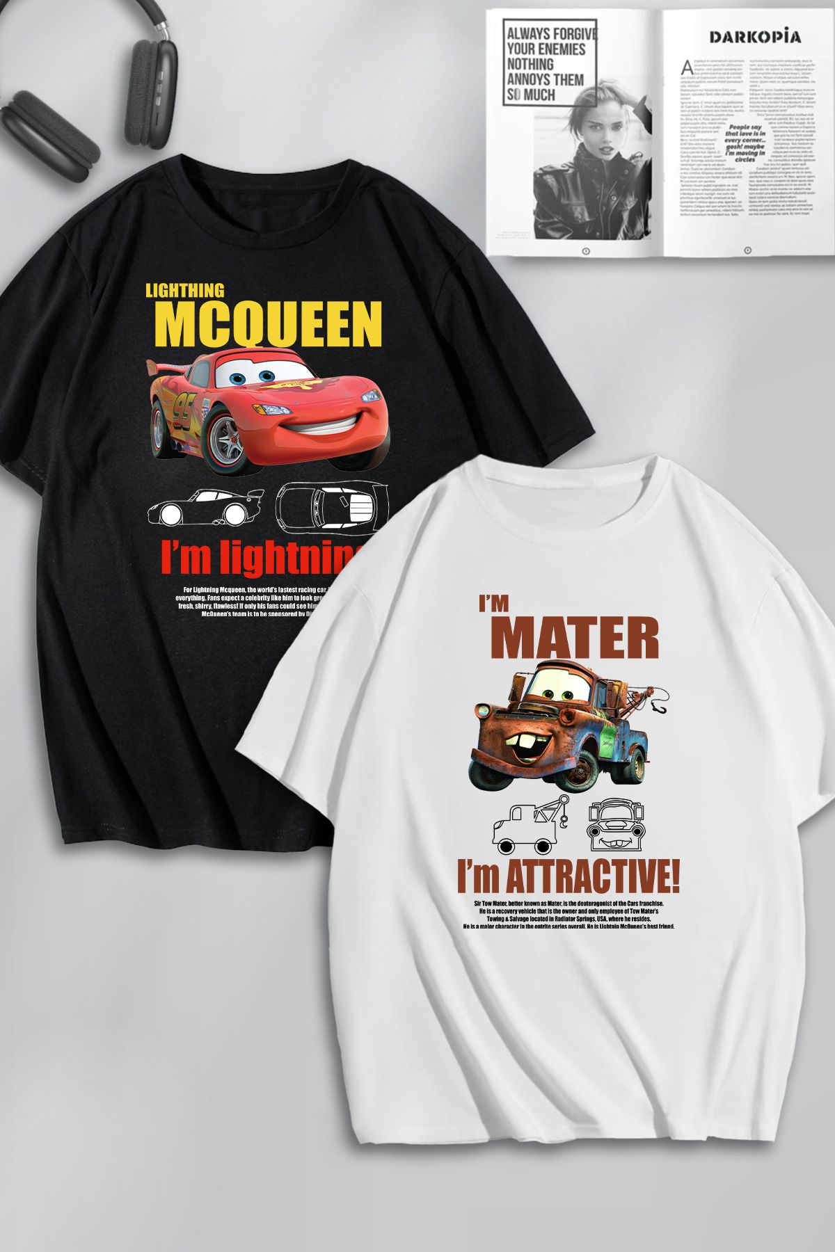 darkopia Unisex Cars Şimşek McQueen ve Mater Ön Baskılı Arkadaş Çift Kombini Tasarım Oversize T-shirt 2li