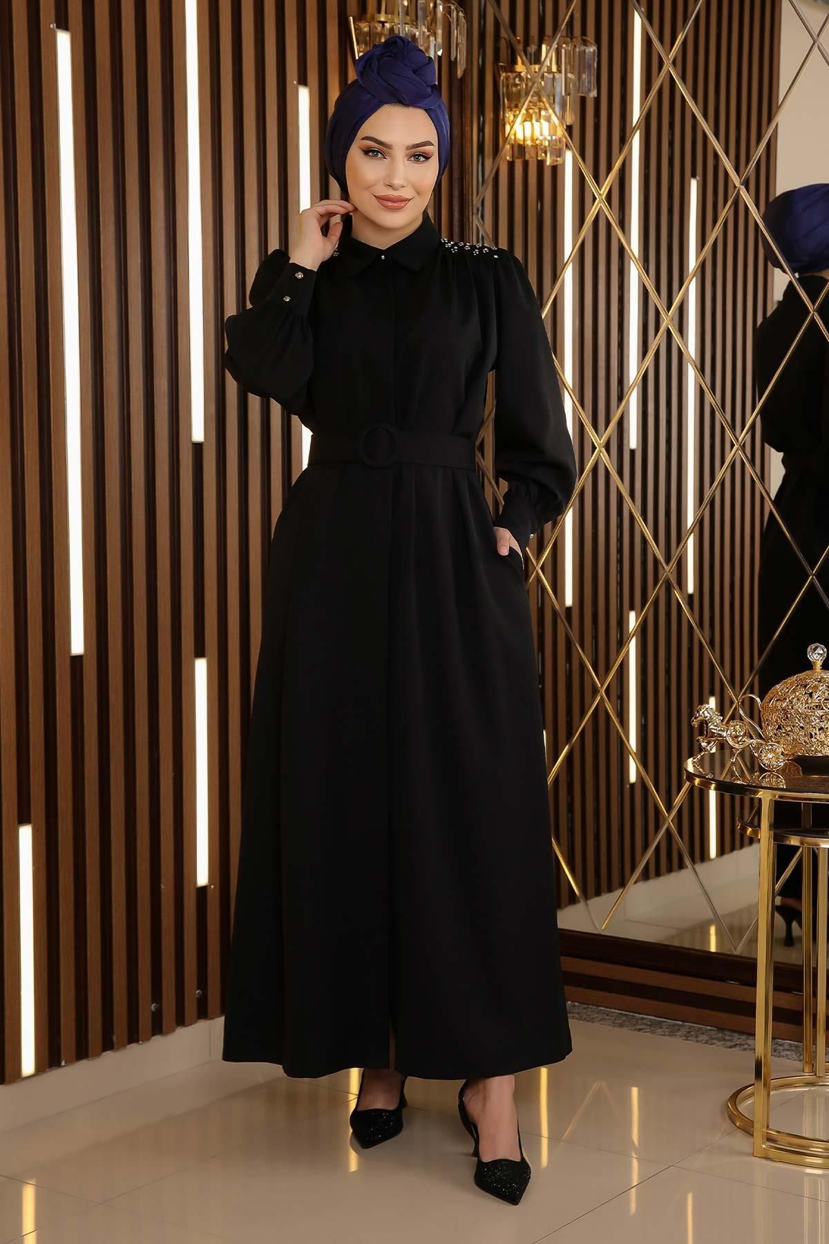 ModaMihram Taş Detaylı Kemerli Elbise Siyah 19115