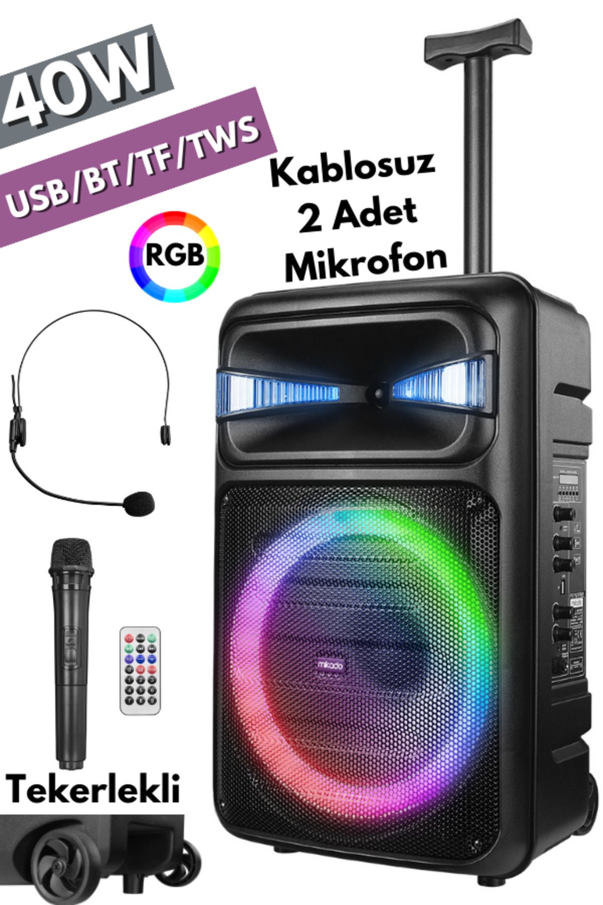 Mikado 40W USB/BT/TF/TWS RGB  LED Işıklı Kablosuz ve Kafa Mikrofonlu Kumandalı Tekerlekli Toplantı-Parti
