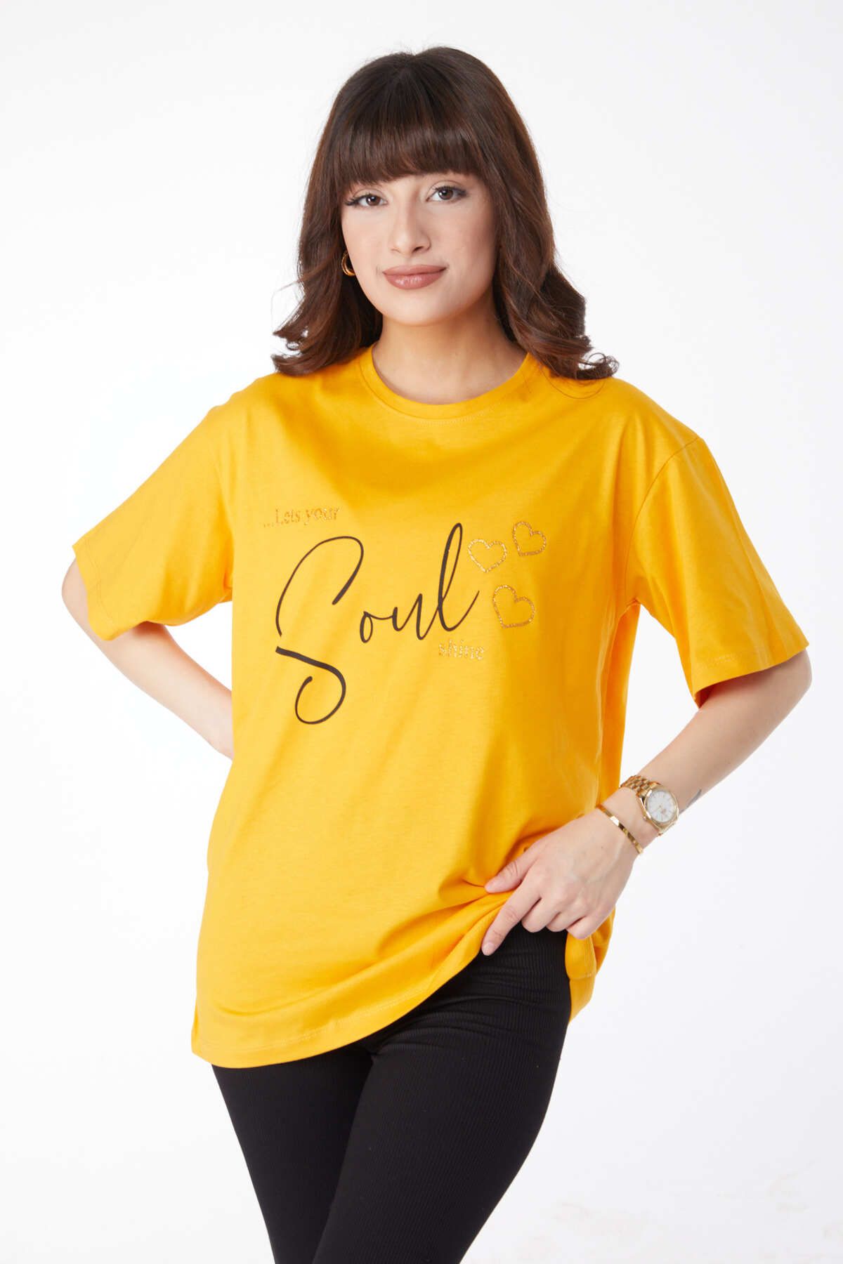 TOFİSA Düz Bisiklet Yaka Kadın Sarı Baskılı T-shirt - 25167
