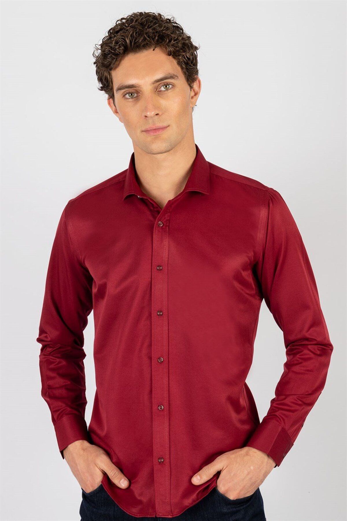 Tudors Modern Slim Fit Uzun Kollu Düz Saten Pamuklu Erkek Bordo Gömlek