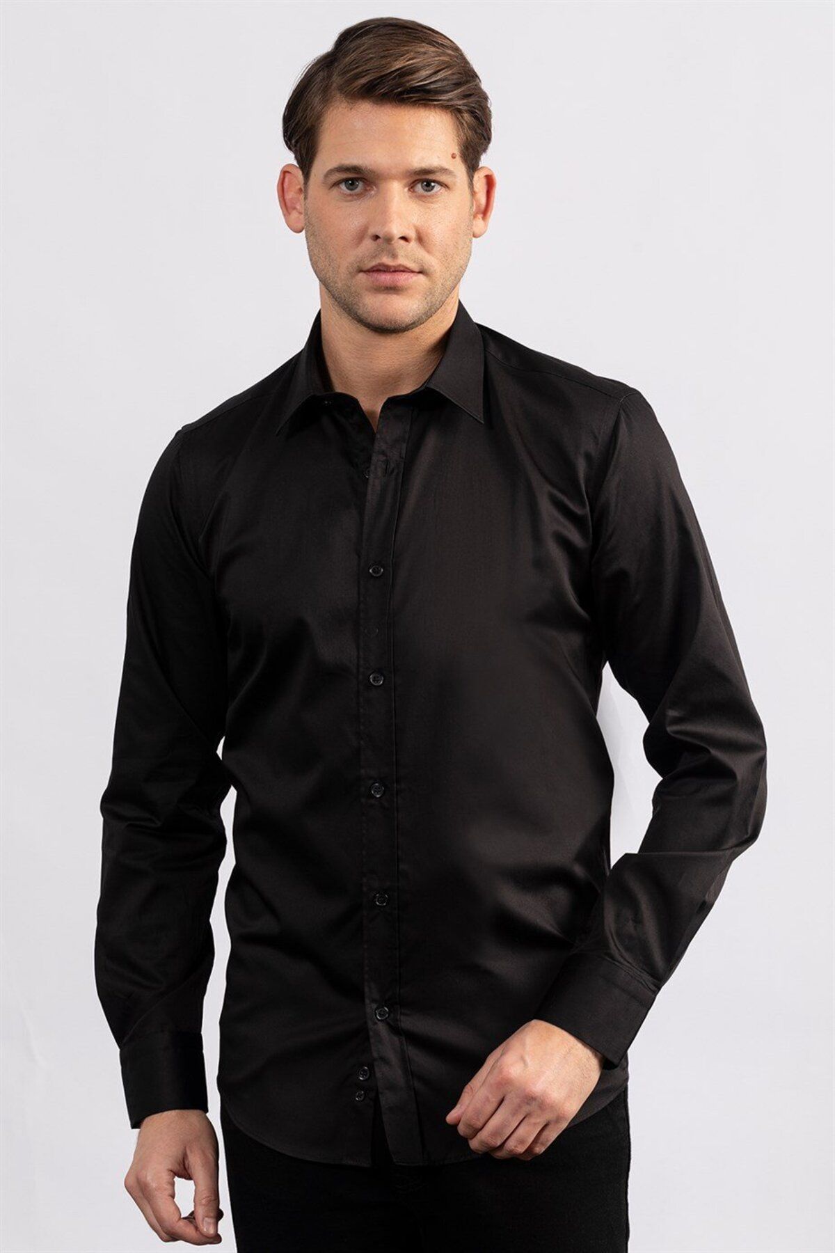 Tudors Modern Slim Fit Uzun Kollu Pamuk Saten Premium Seri Erkek Siyah Gömlek