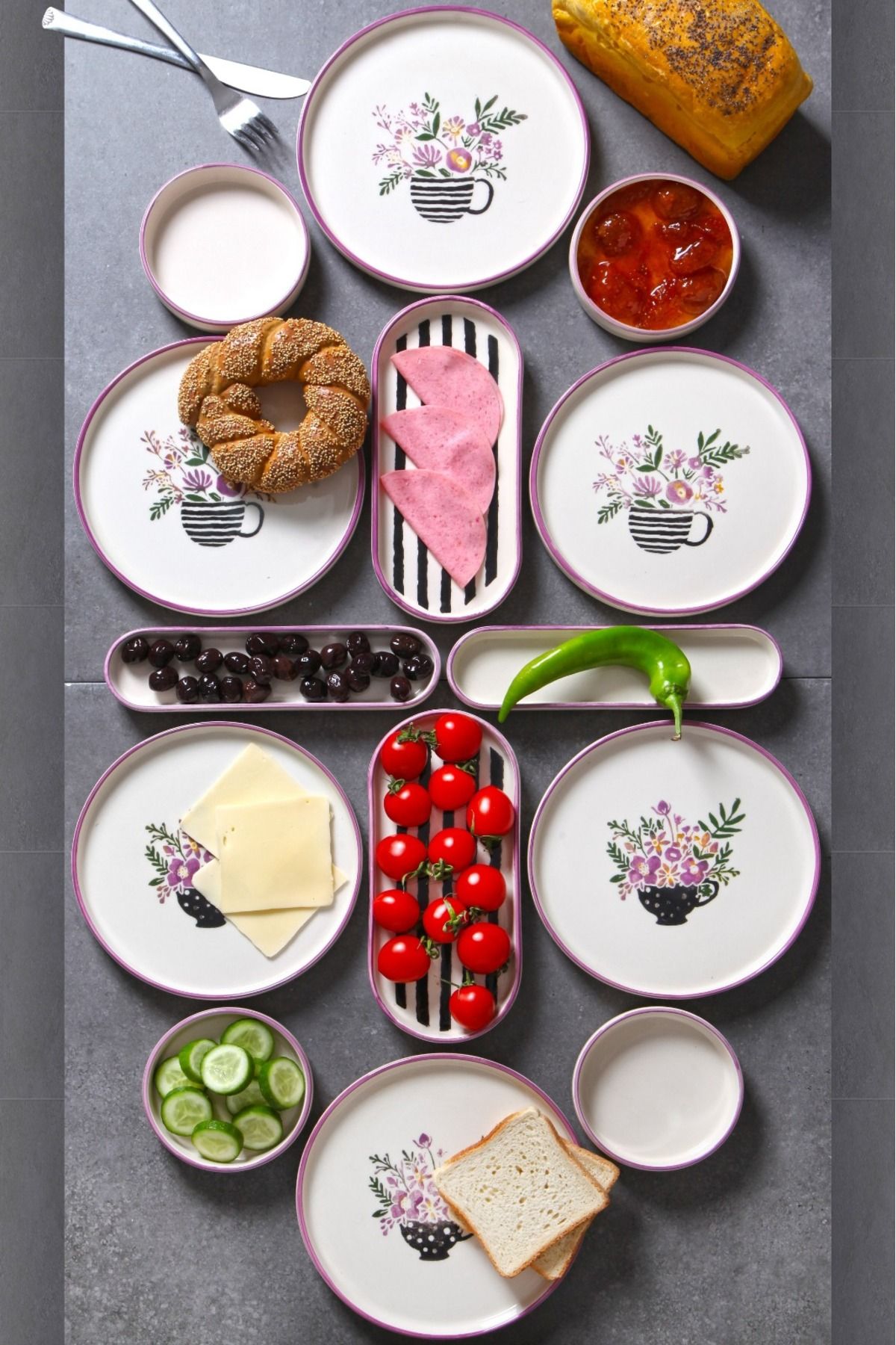 Çavdar Group 14 Parça 6 Kişilik Stackable Fincan Desen Kahvaltı Takımı Handmade Özel Tasarım Kahvaltı Seti