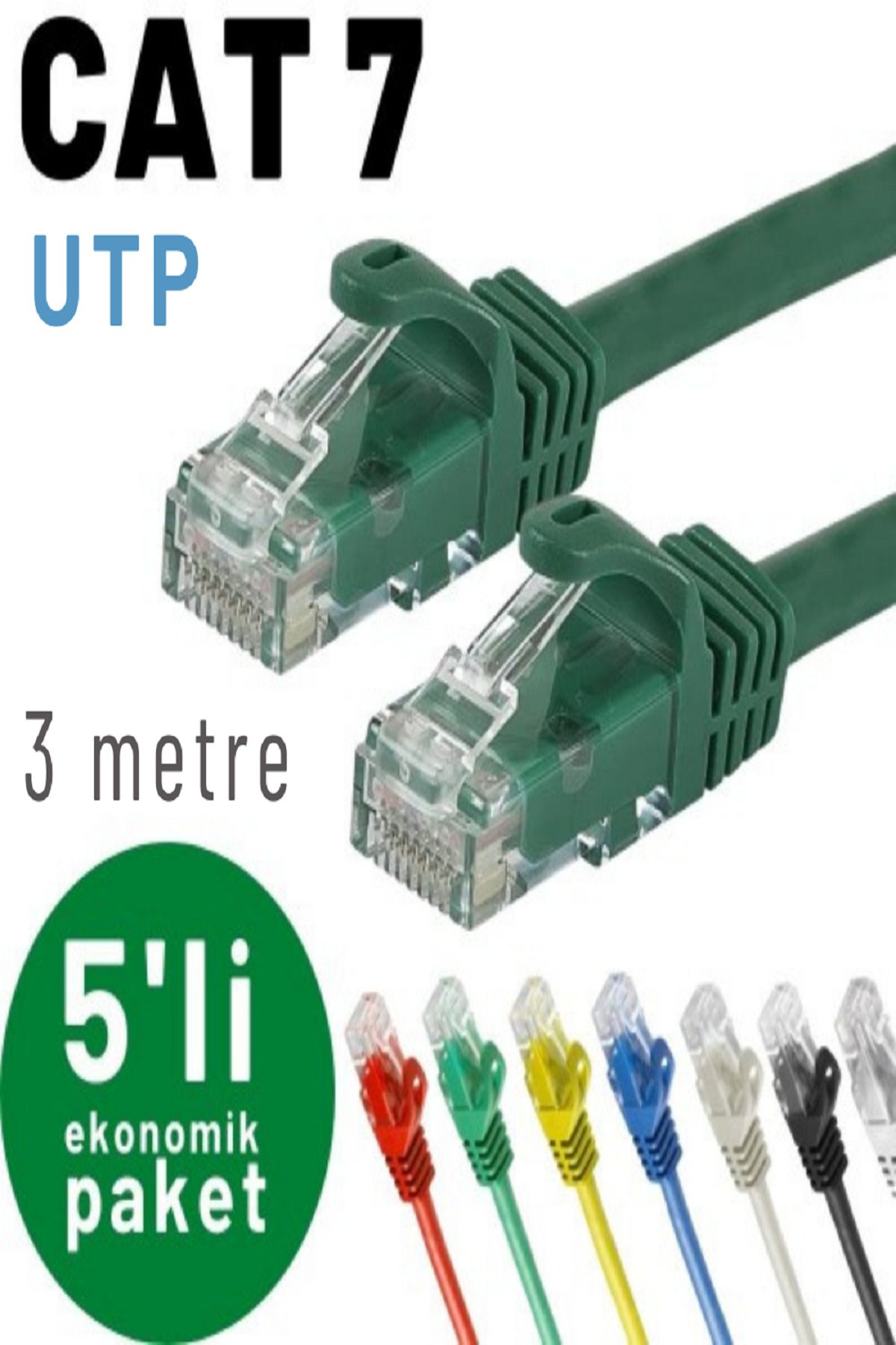 IRENIS 5 Adet 3 Metre Cat7 Utp Kablo Ethernet Network Internet Lan Kablosu, Yeşil