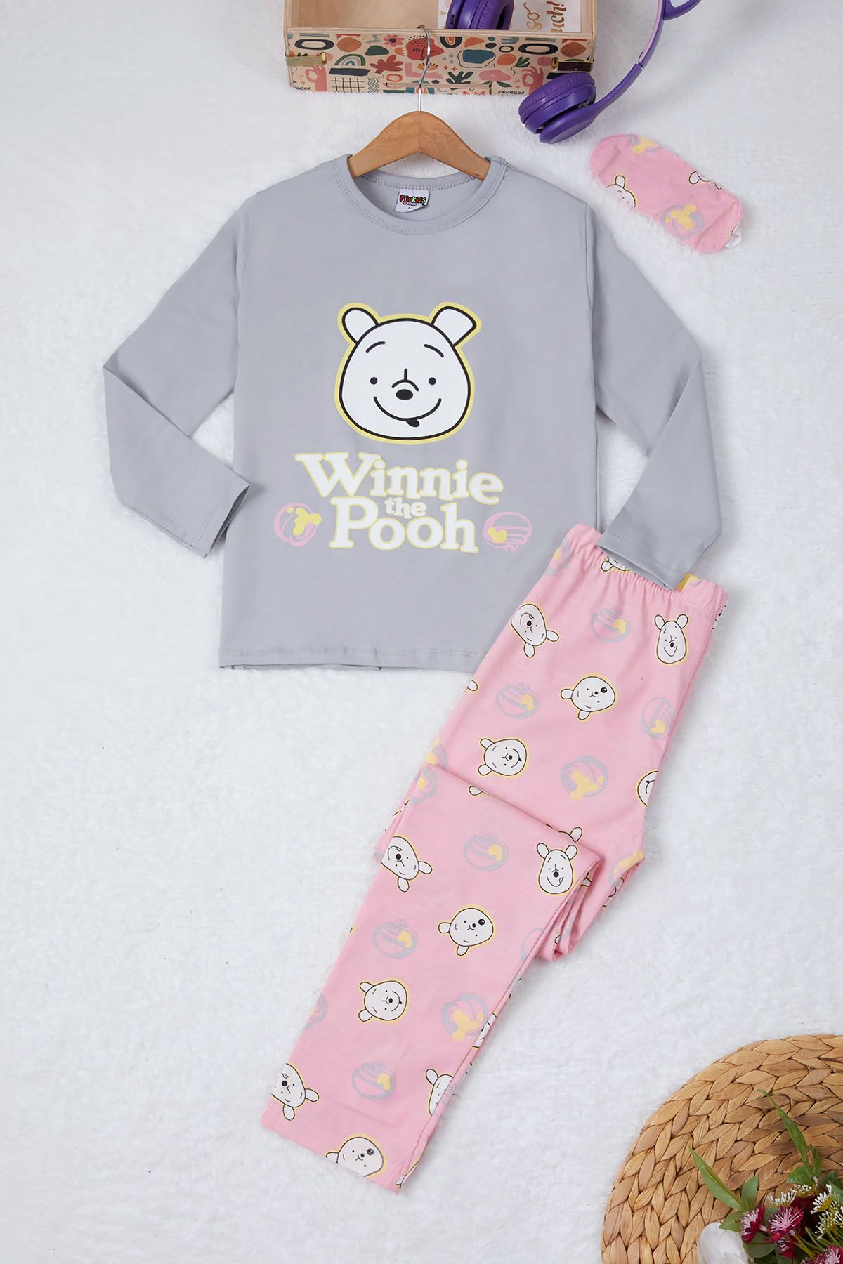 Cansın Mini Gri Ayıcık Baskılı Yazılı Kız Çocuk Pijama Takımı 16925