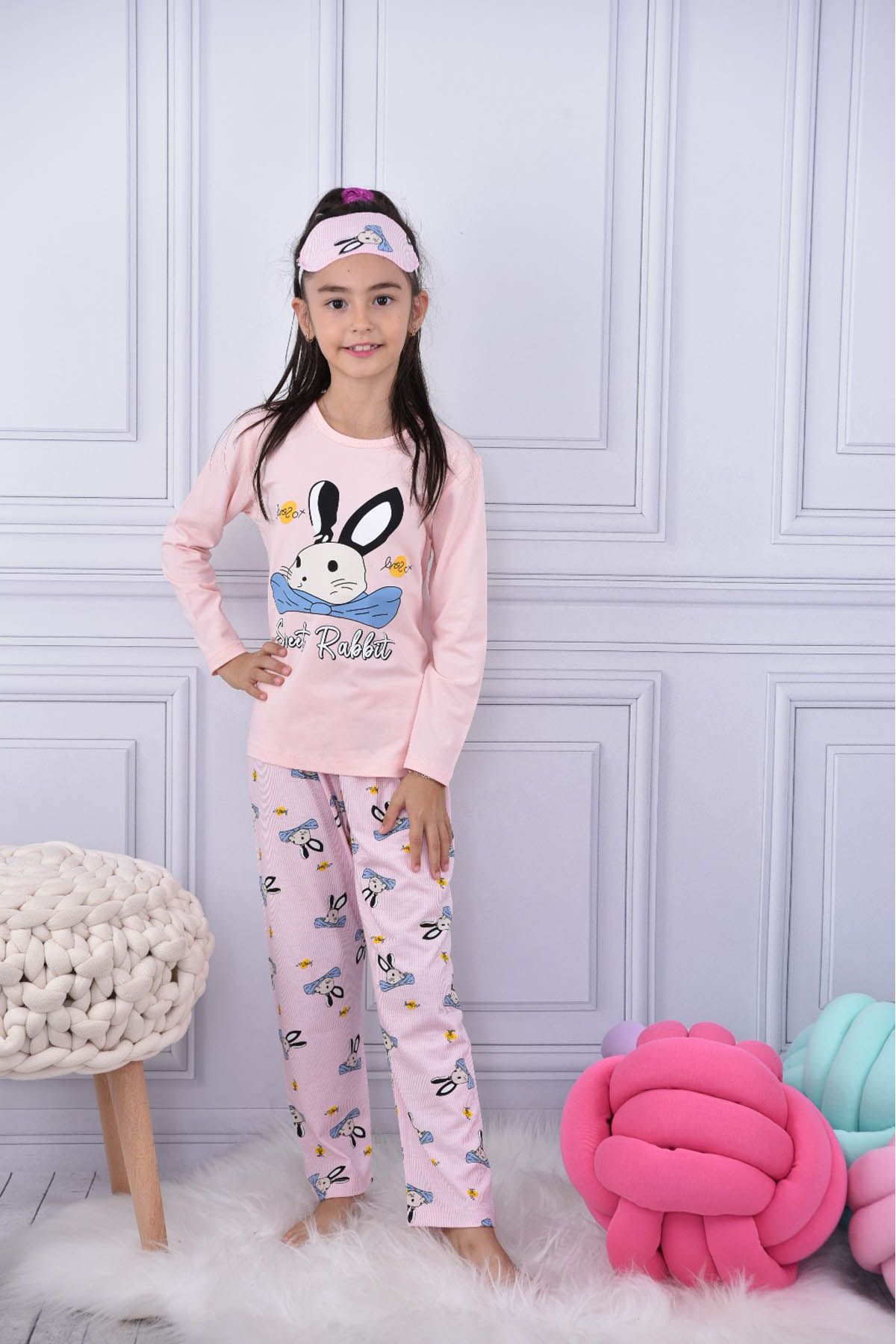 Cansın Mini Pembe Fiyonklu Tavşan Baskılı Göz Bantlı Kız Çocuk Pijama Takımı 17025