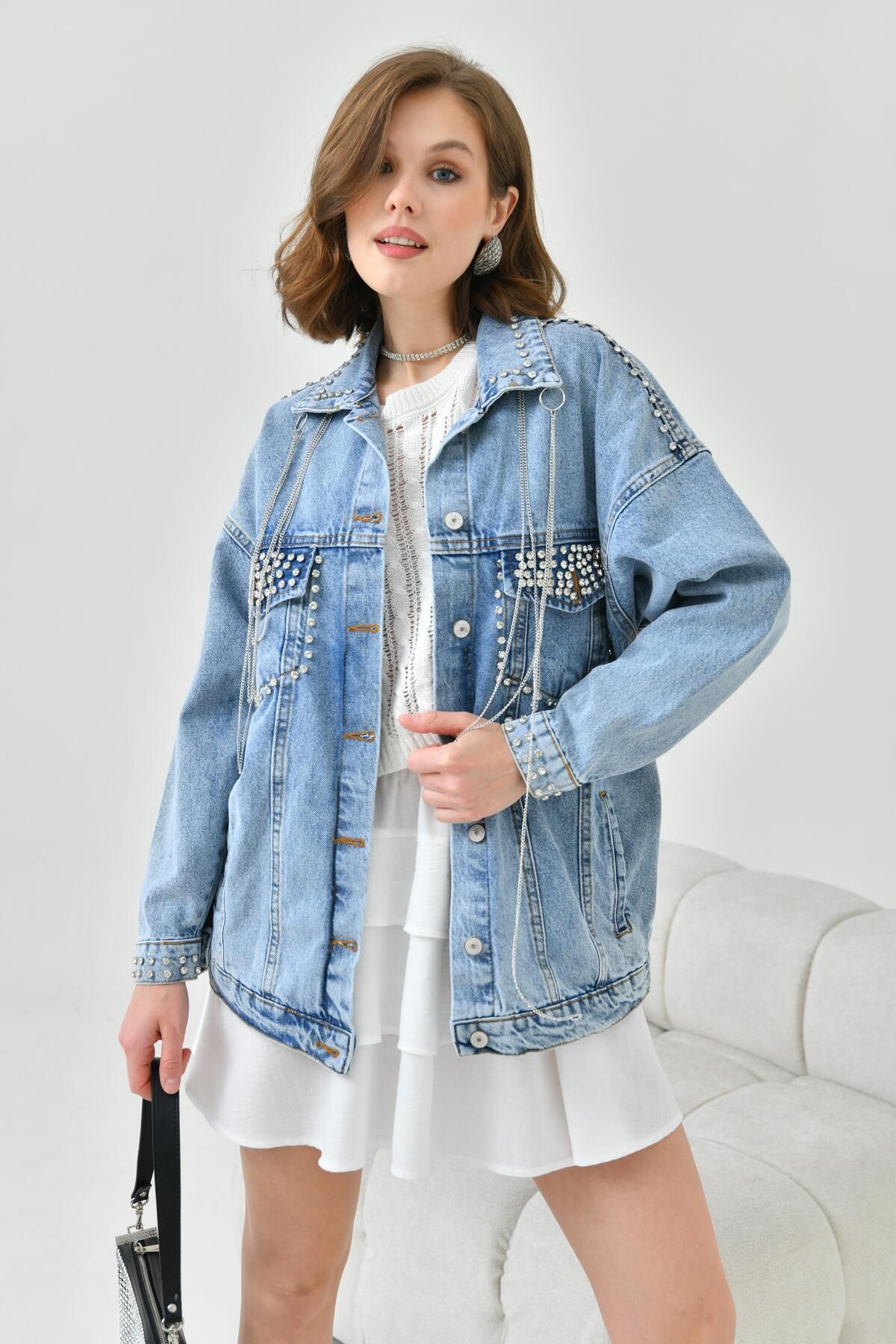FTZ WOMEN Kadın Taşlı Jean Ceket Mavi Rbn5001
