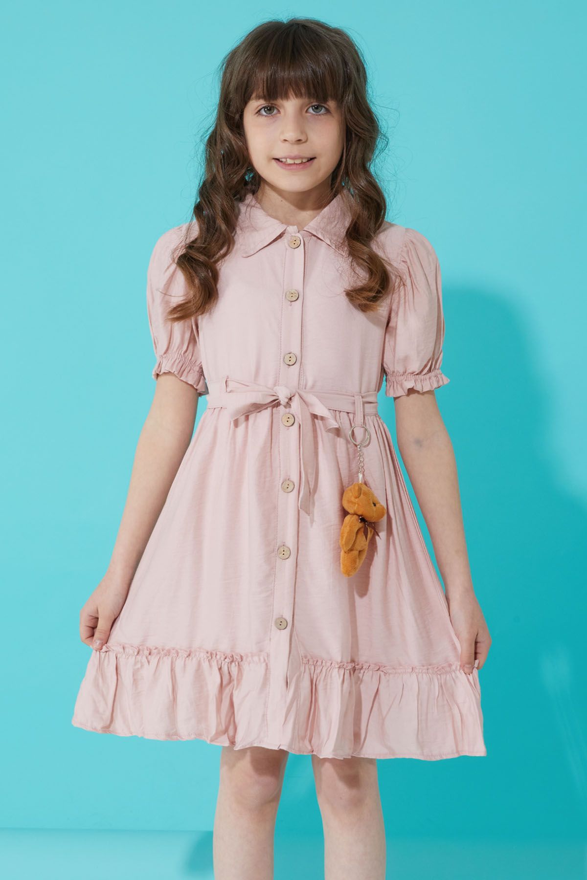 Cansın Mini Pembe Düğmeli Ayıcıklı Kısa Kollu Kız Çocuk Elbise 15305