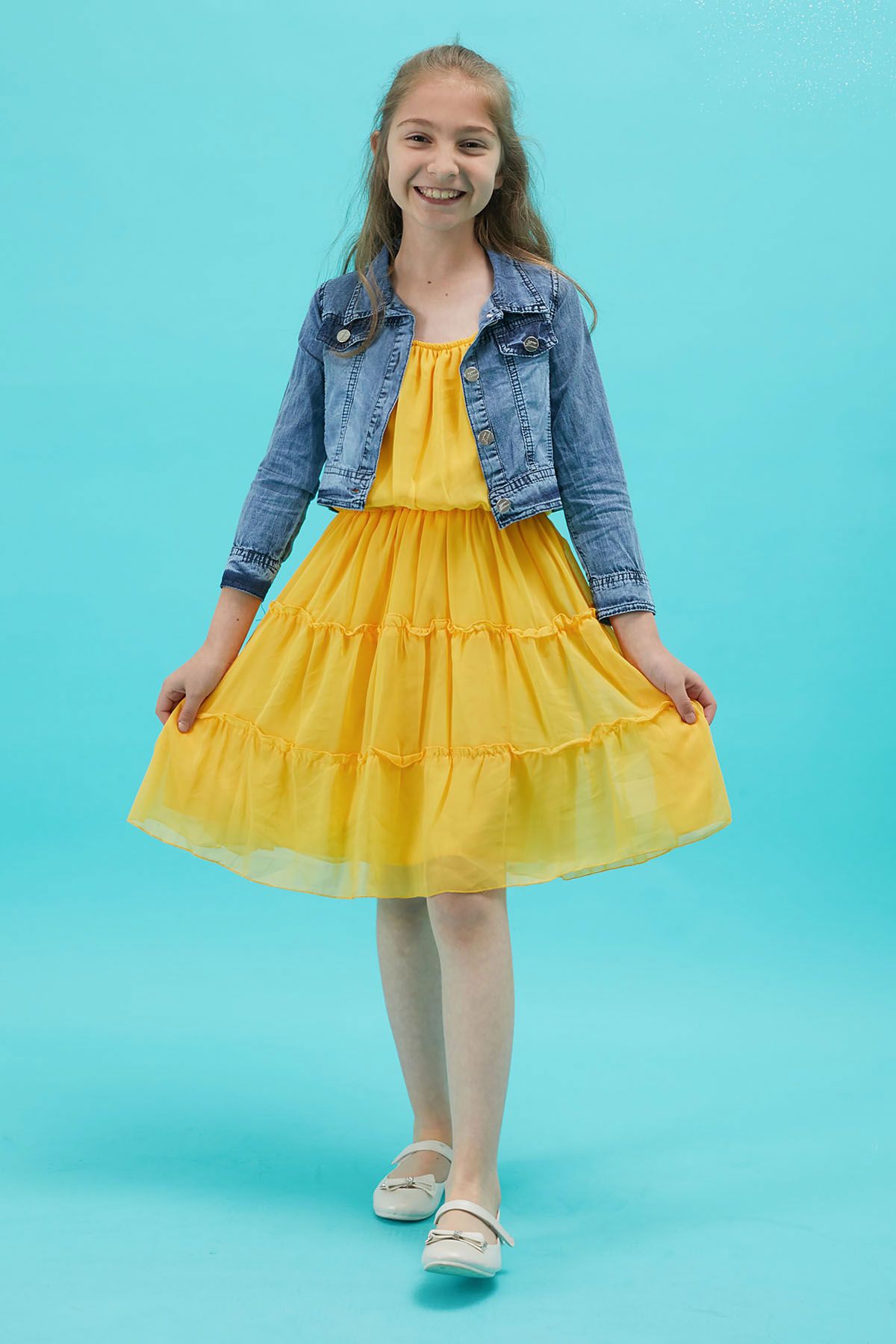 Cansın Mini Kız Çocuk Jean Ceketli Sarı Elbise Takımı 15195