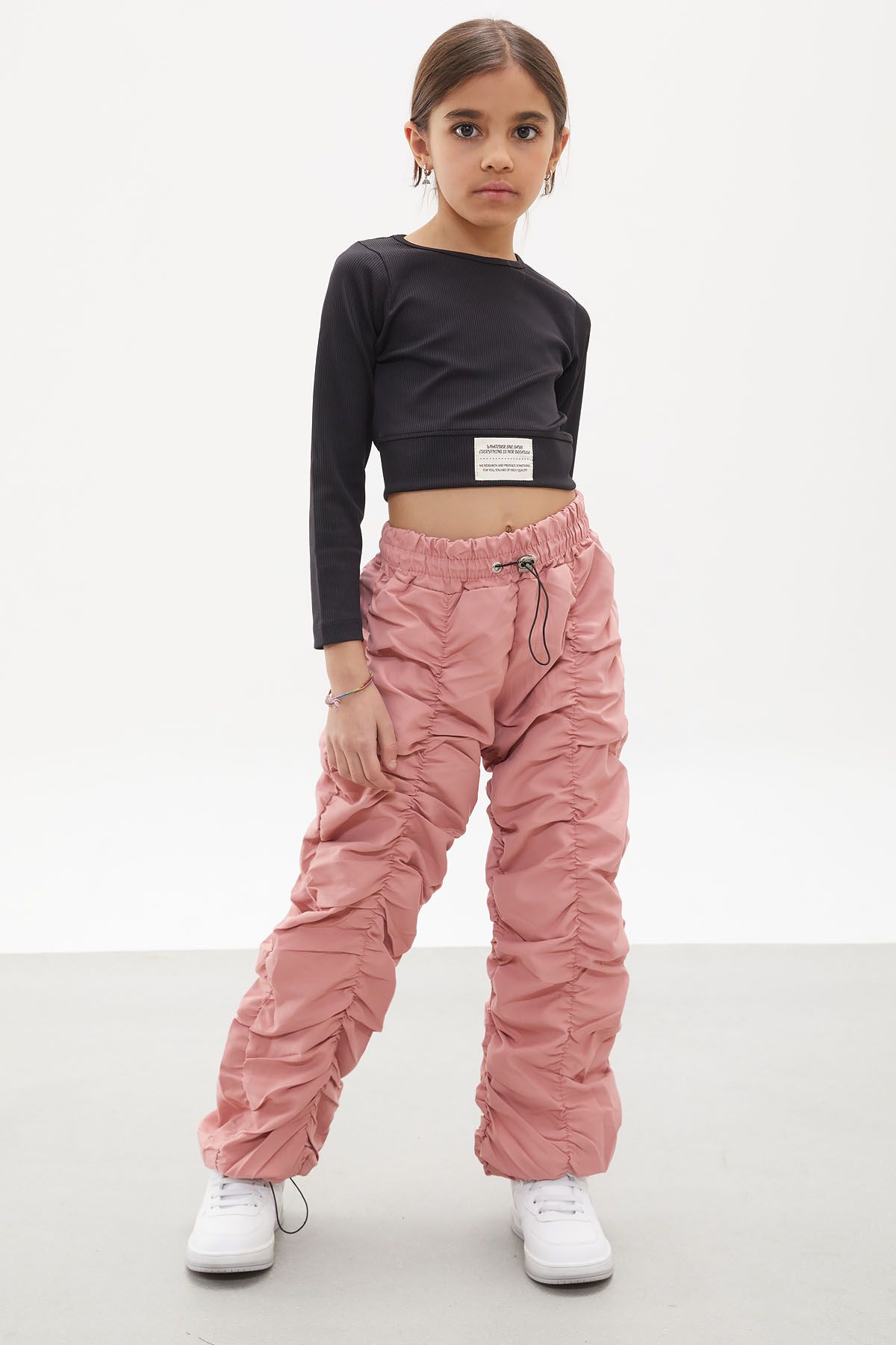 Cansın Mini Pembe Şerit Dikişli Kız Paraşüt Pantolon 18004
