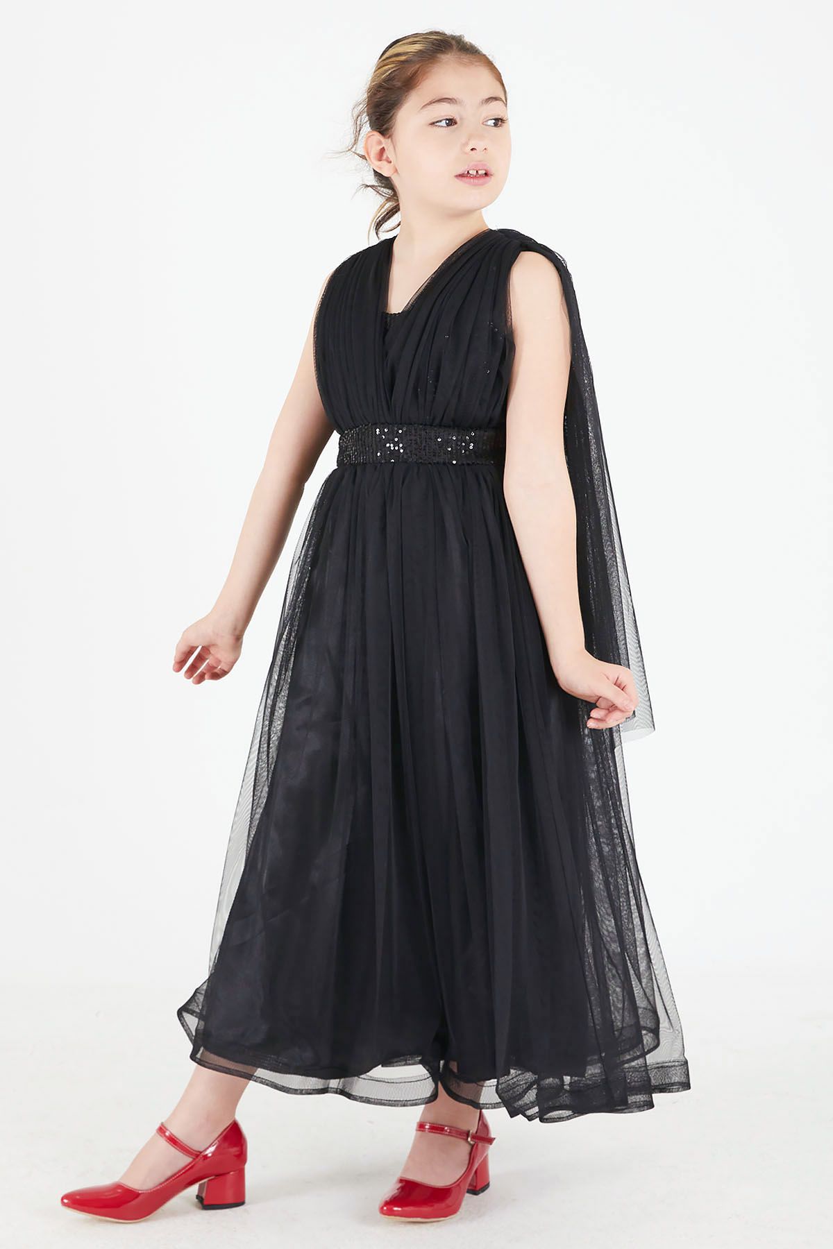 Cansın Mini Siyah Pelerinli Tüllü Kız Abiye Elbise 15681