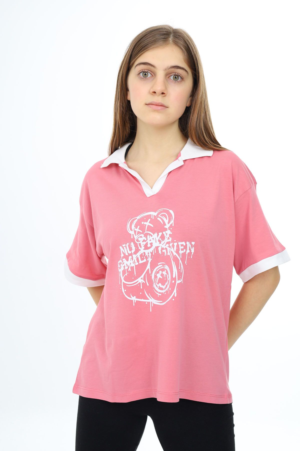 Cansın Mini Pembe Ayıcık Baskılı Yakalı Oversize Kız Tişört 17819