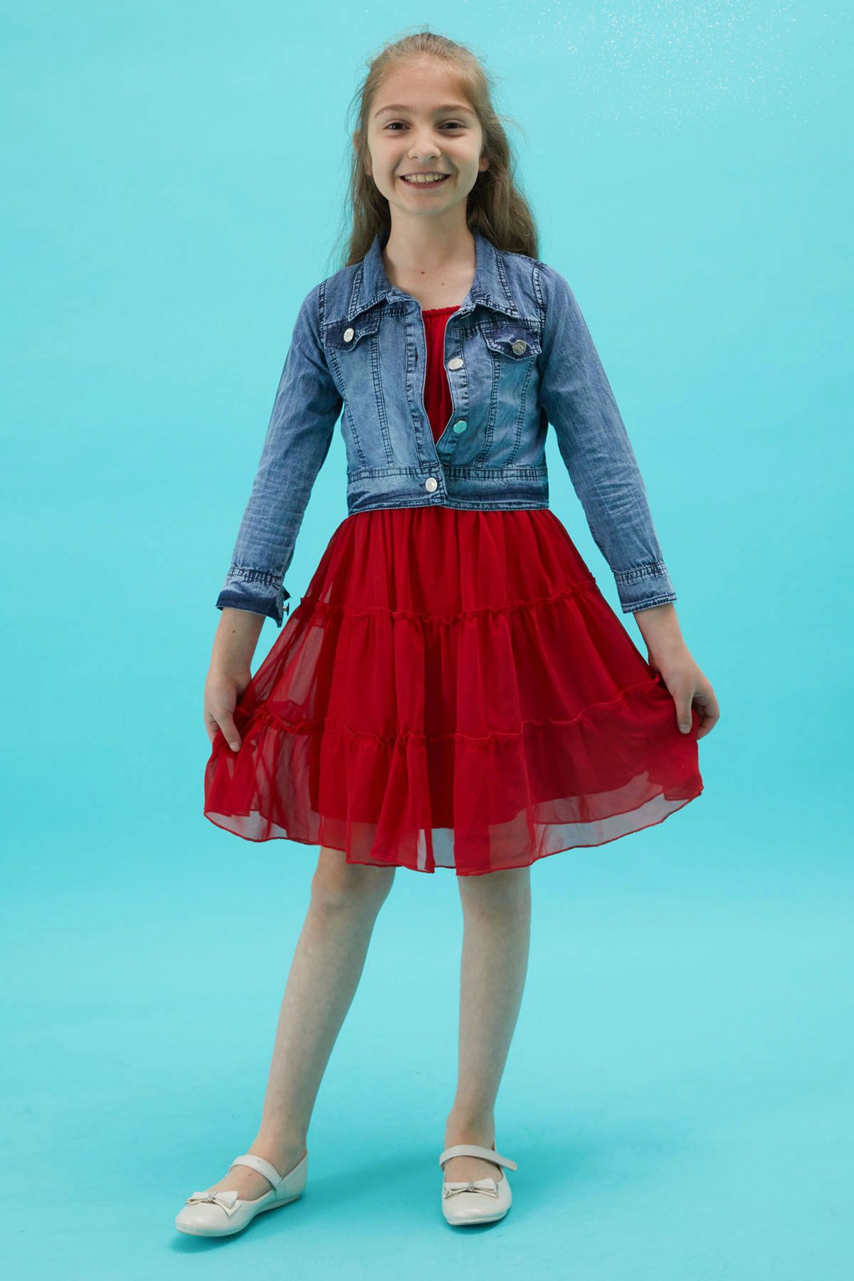 Cansın Mini Kız Çocuk Jean Ceketli Kırmızı Elbise Takımı 15194