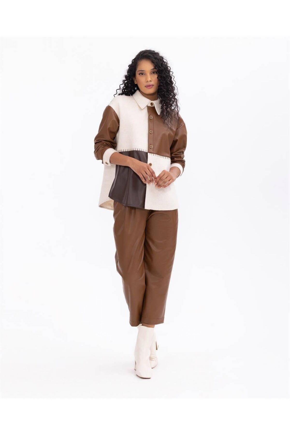 FTZ WOMEN Seçil Kadın Düğmeli Suni Deri Detaylı Kumaş Geçişli Ceket Taba Scl5010