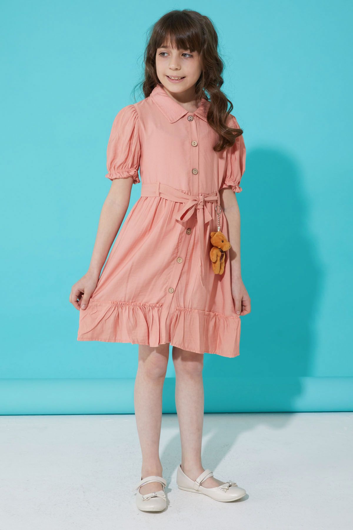 Cansın Mini Somon Düğmeli Ayıcıklı Kısa Kollu Kız Çocuk Elbise 15304